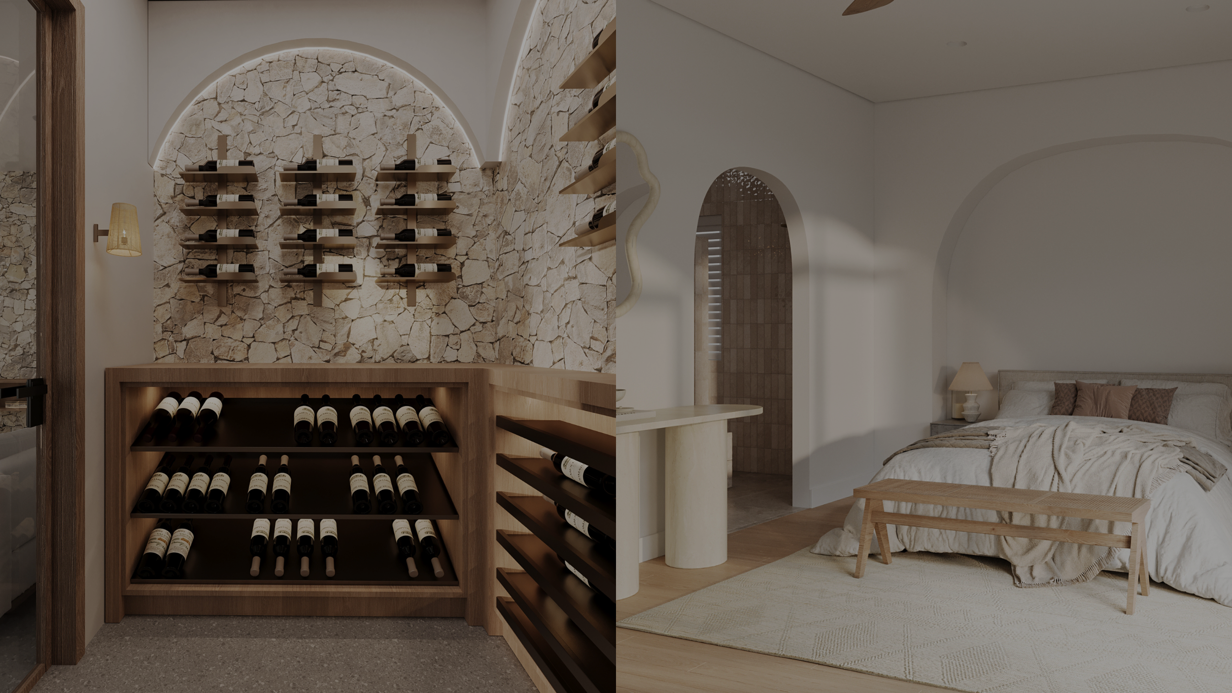 A split view of a wine cellar on the left with wine bottles stored on wooden racks against a stone wall, and a cozy bedroom on the right with a bed, nightstand, lamp, and minimal decor in neutral tones.