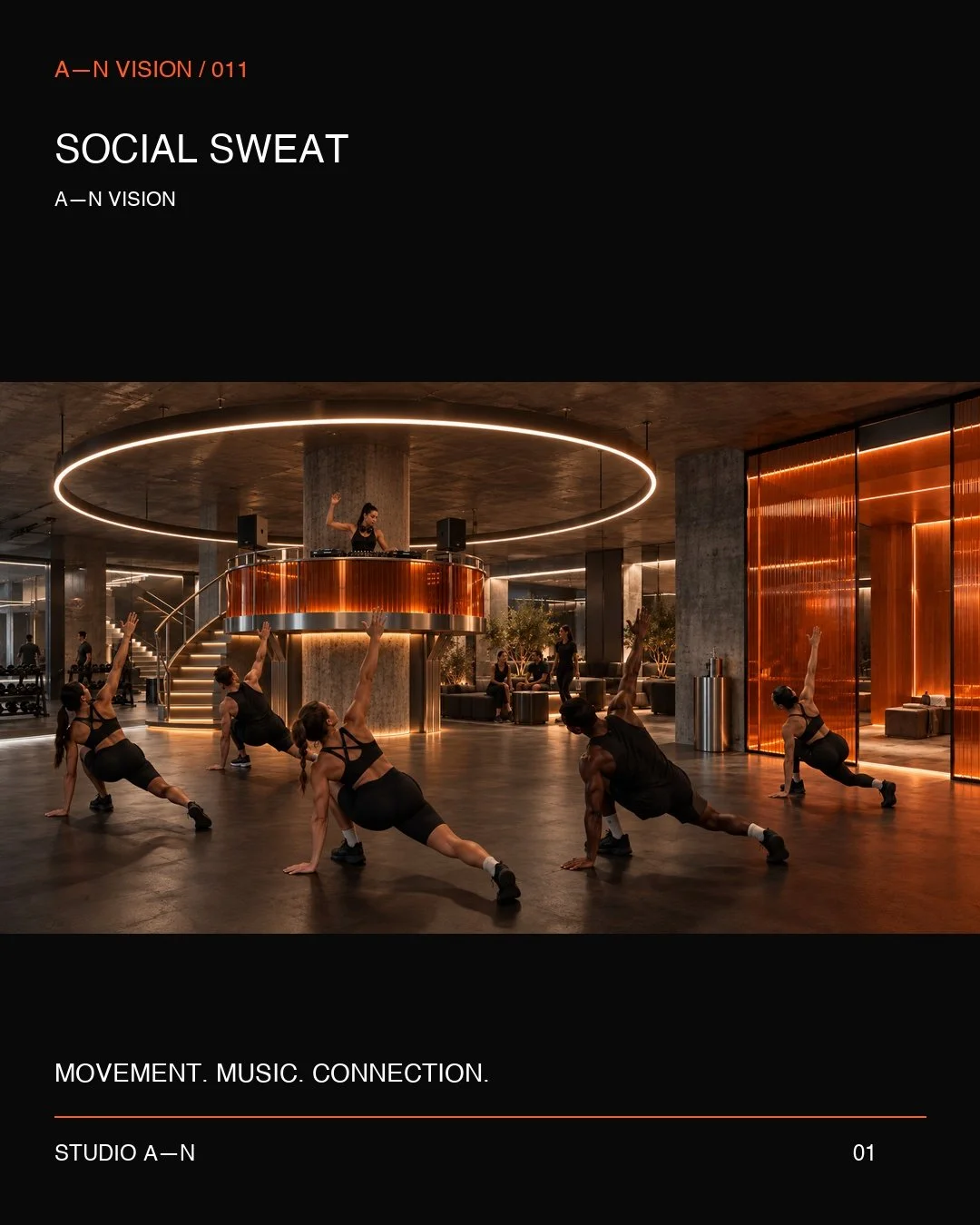The DJ booth was the turning point.

Once we put music at the centre of SOCIAL SWEAT, the whole idea clicked. The column became a gathering point. The light canopy held the movement floor together. The lounge and recovery spaces gave people a reason 