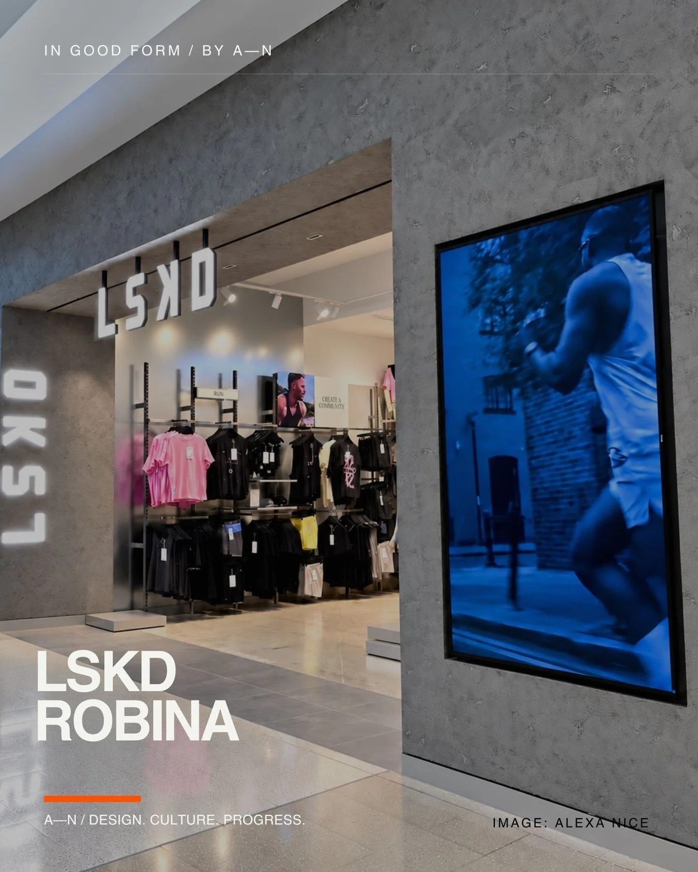 LSKD Robina.

Concrete, steel and cobalt blue. A clear retail rhythm, with space for the community around it.

From the arched fitting-room mirrors to the hydration point and softer seating details, the experience is built through material, colour an