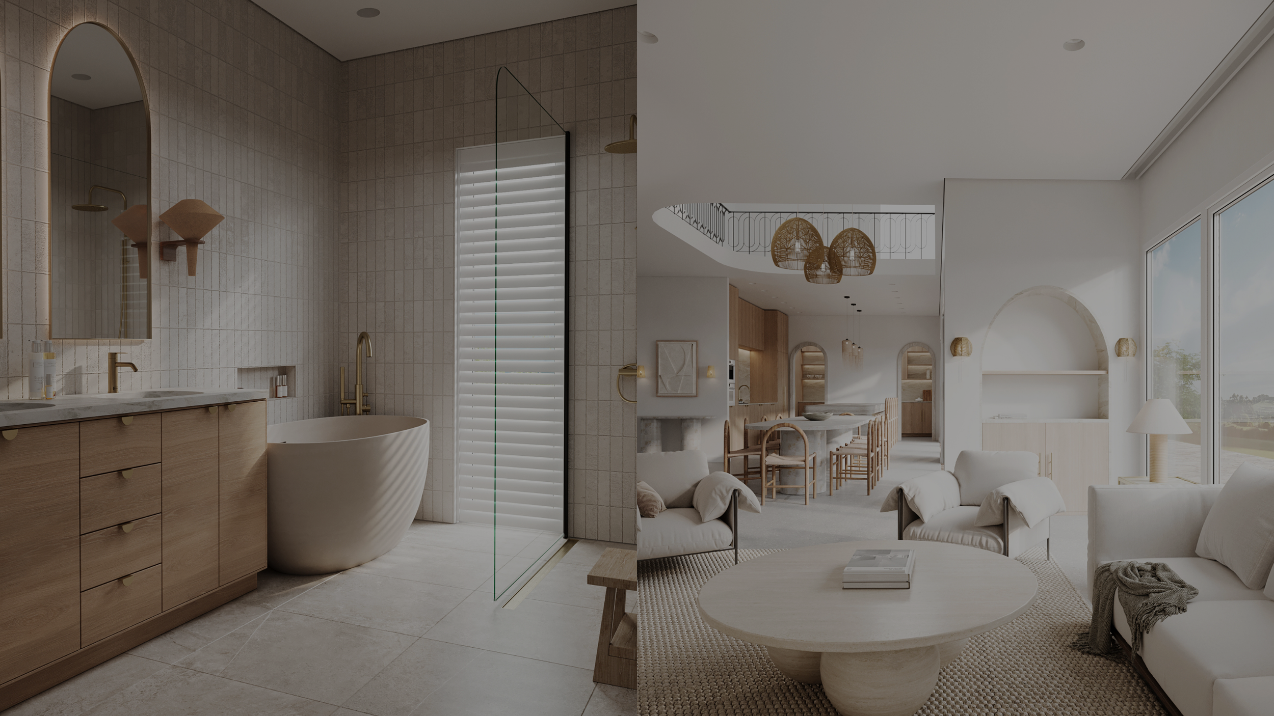 Split view of two rooms: on the left, a bathroom with a modern bathtub, a wooden vanity with a marble countertop, and beige tiles; on the right, a bright, spacious living room with white walls, large windows, a round coffee table, white sofas, and wi