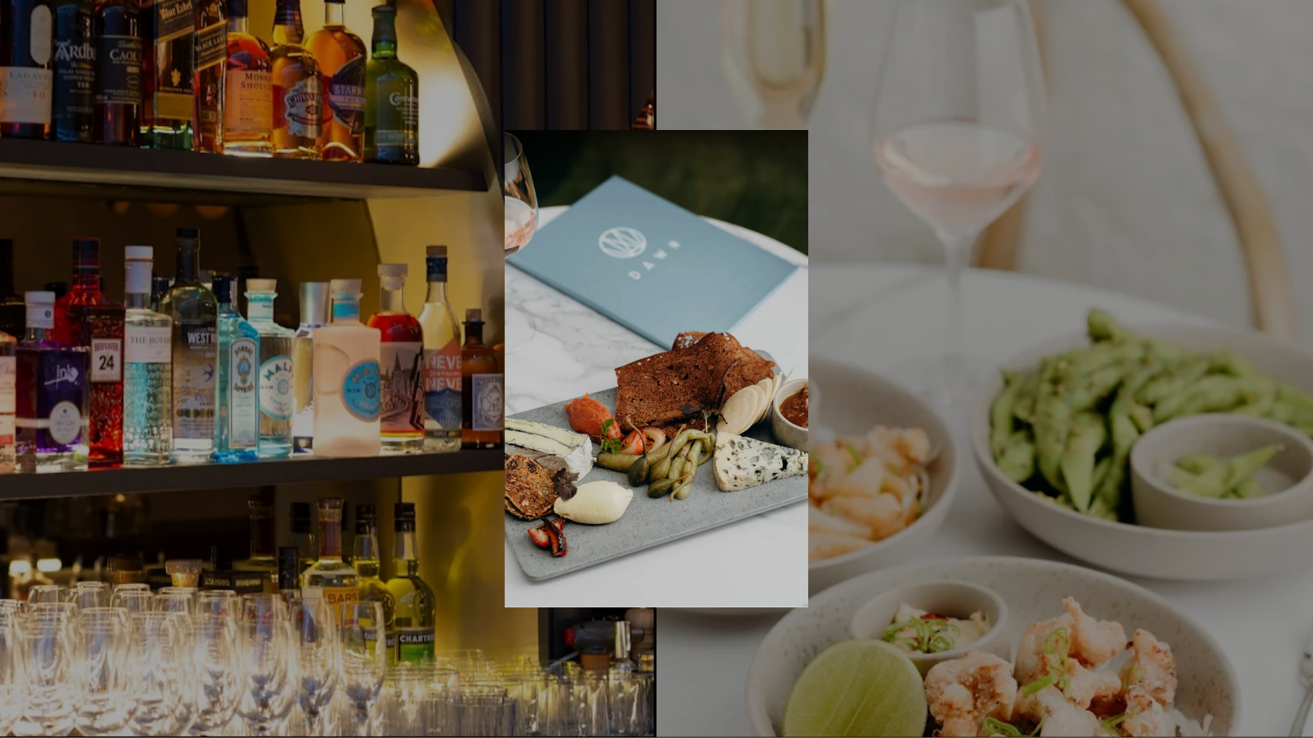 A collage of three images: the first shows a bar shelf filled with various bottles of alcohol, the second features a cheese and charcuterie platter with a blue VW Dalmatian menu, and the third displays a dining table with plates of food, a glass of w