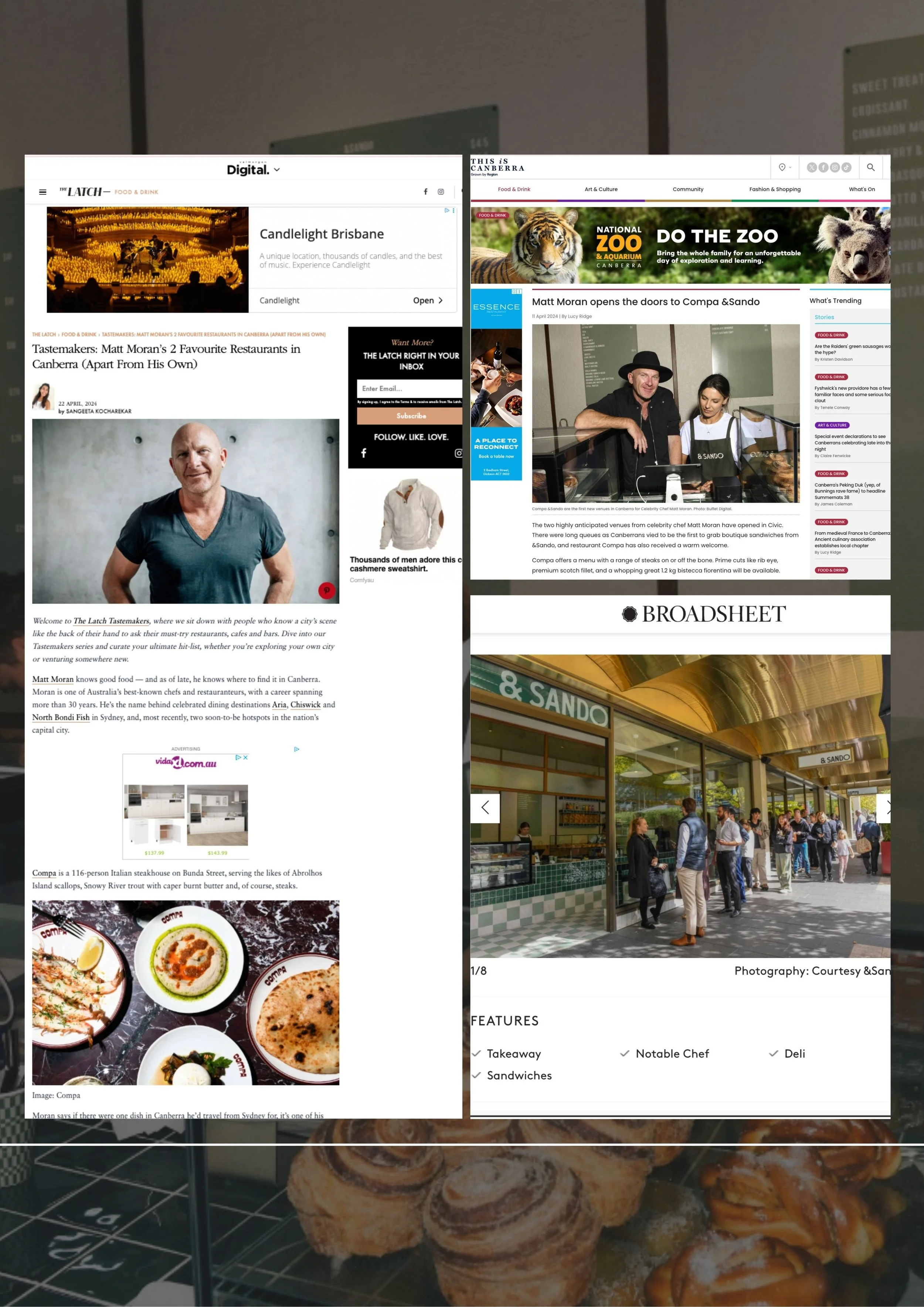 Collage of three web pages about food and drinks, travel, and local features, with images of a restaurant, a zoo, and food dishes.