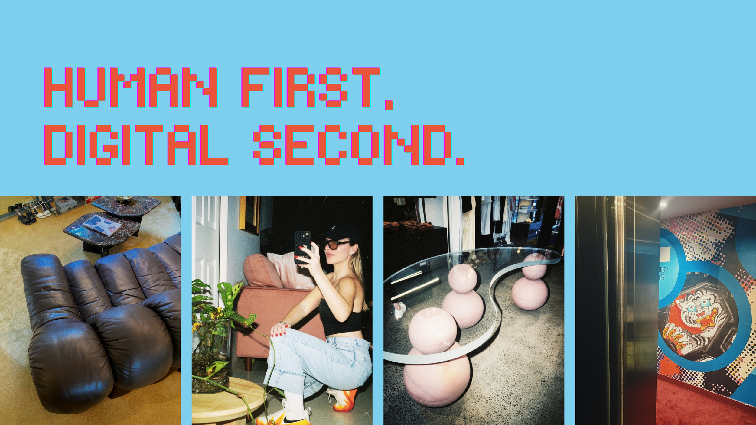 A collage of images including a black leather sofa, a woman taking a selfie in a mirror, a display with pink layered sculptures, and vibrant interior designs.