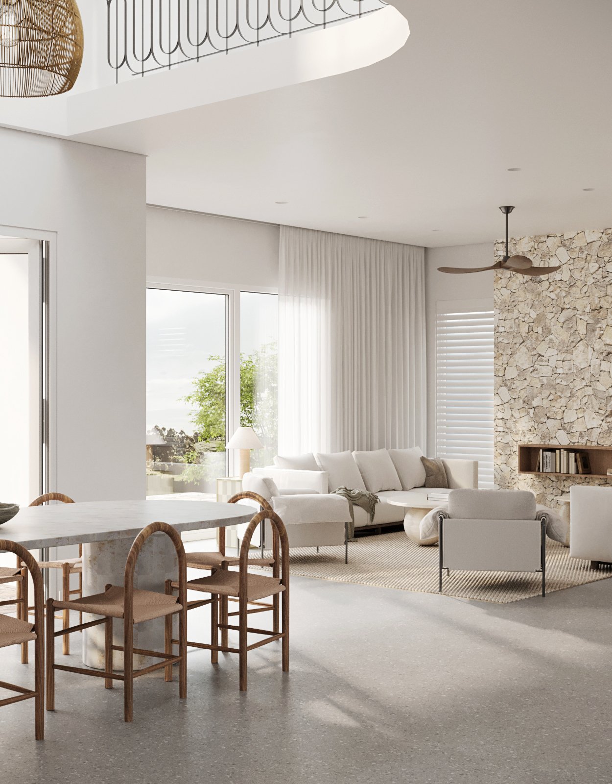 Modern living and dining room with a neutral color scheme, featuring a stone accent wall, white sofas, wooden dining table with chairs, floor-to-ceiling windows, and a ceiling fan.
