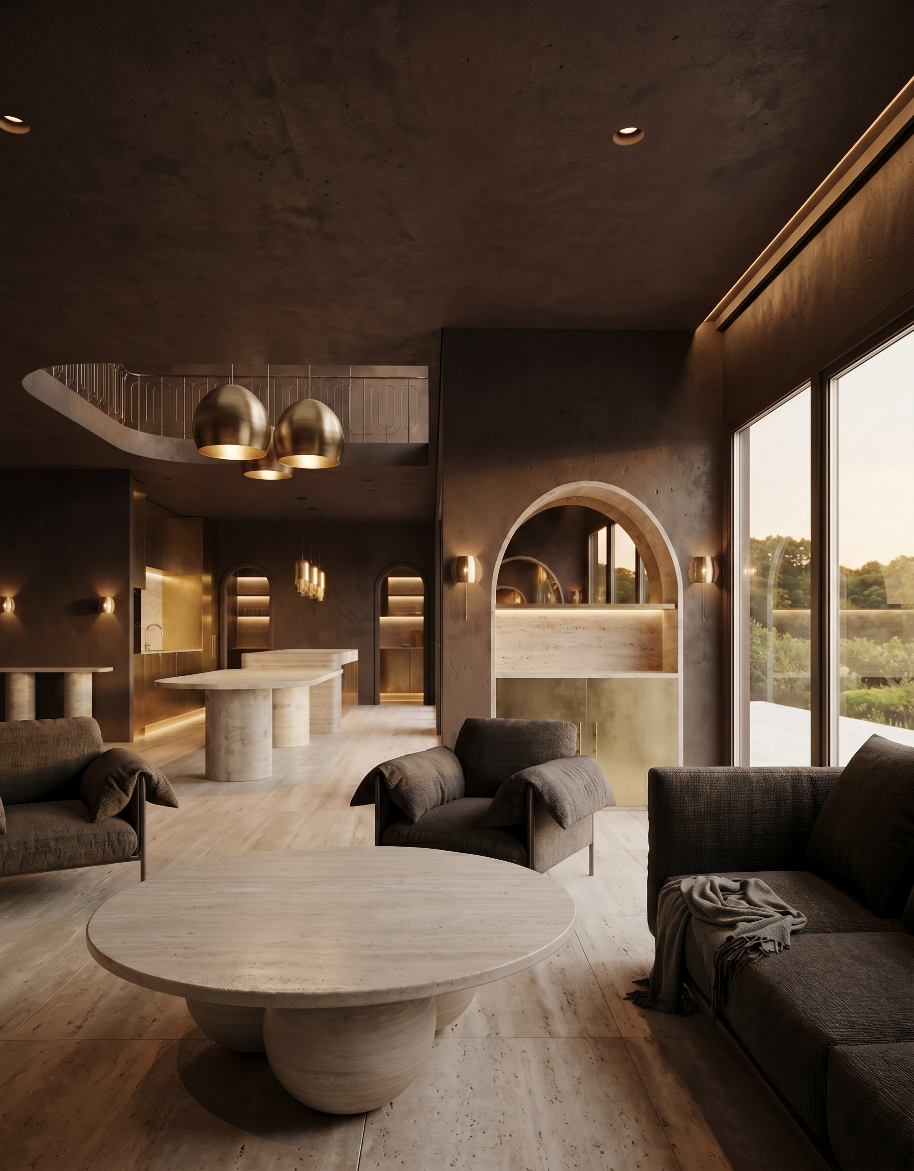 Modern living room with dark walls and ceiling, large windows letting in natural light, black and gray armchairs, a large light-colored oval coffee table, gold hanging pendant lights, and a background view of trees outside.