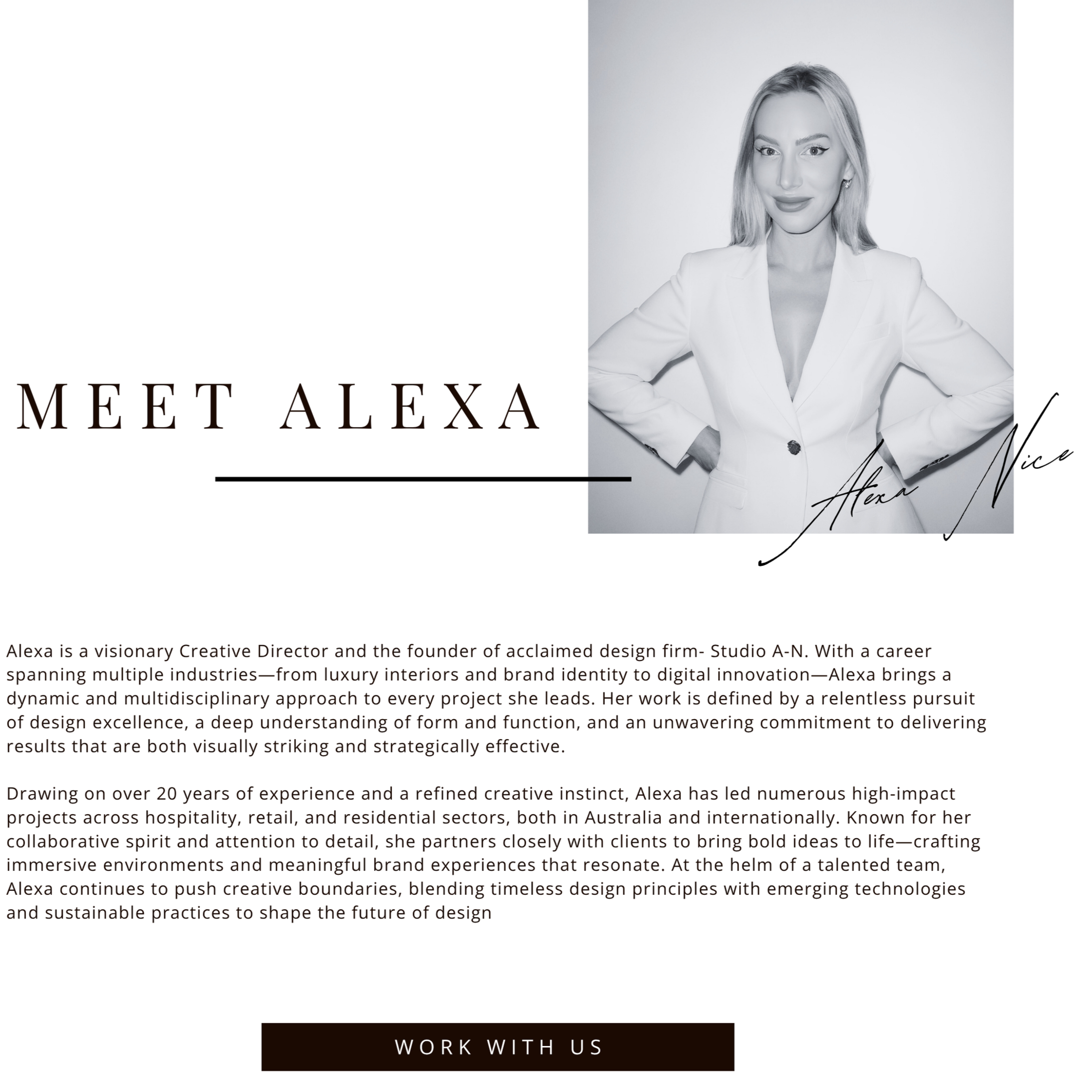 Black and white portrait of Alexa Nice, a blonde woman in a white blazer, standing with her hands on her hips, smiling confidently. Text on the image introduces her as a visionary Creative Director and founder of Studio A-N.