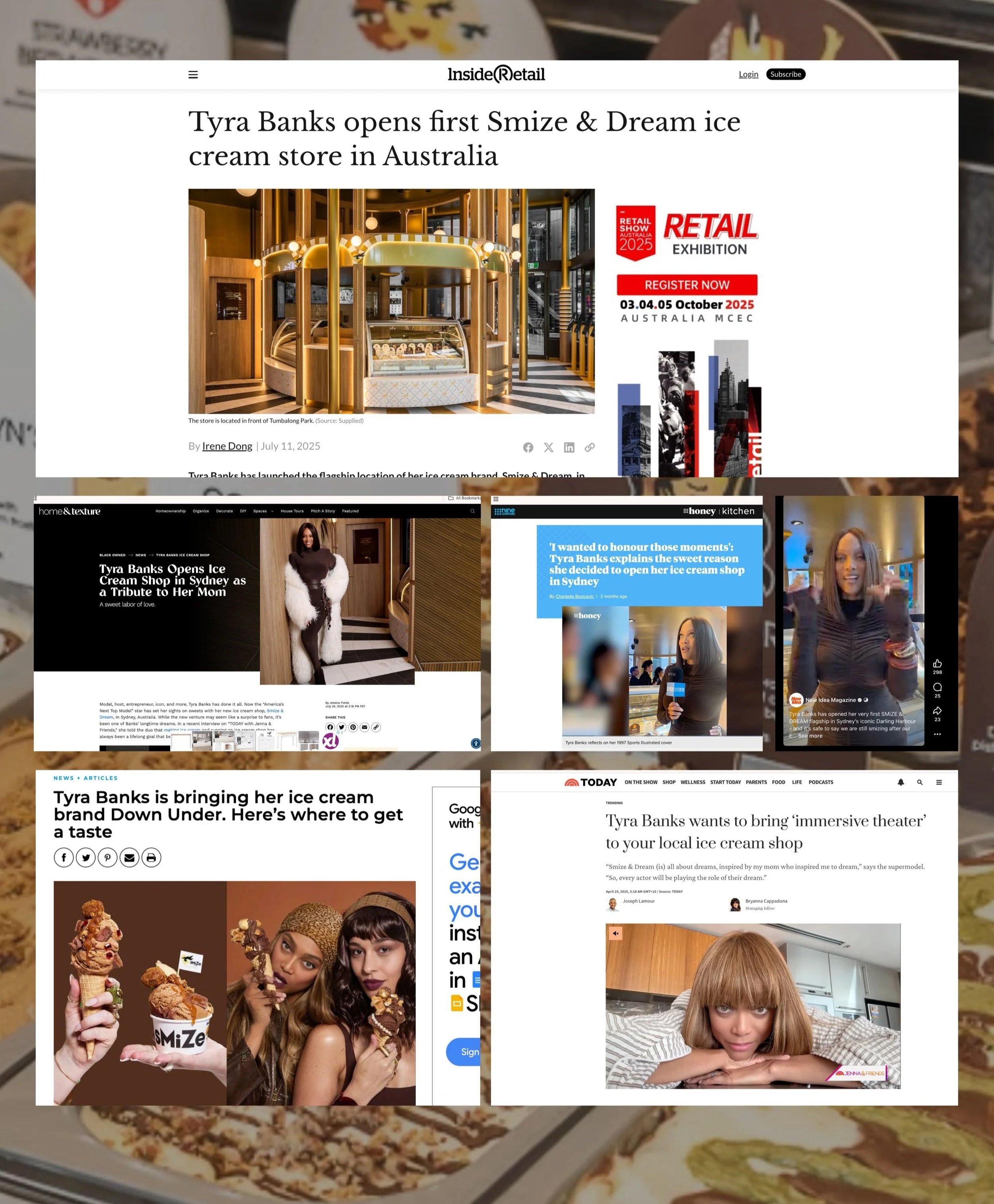 Collection of screenshots from various news articles and social media posts about Tyra Banks opening her ice cream shop in Australia, featuring images of the store interior, Tyra Banks, and her at the shop.