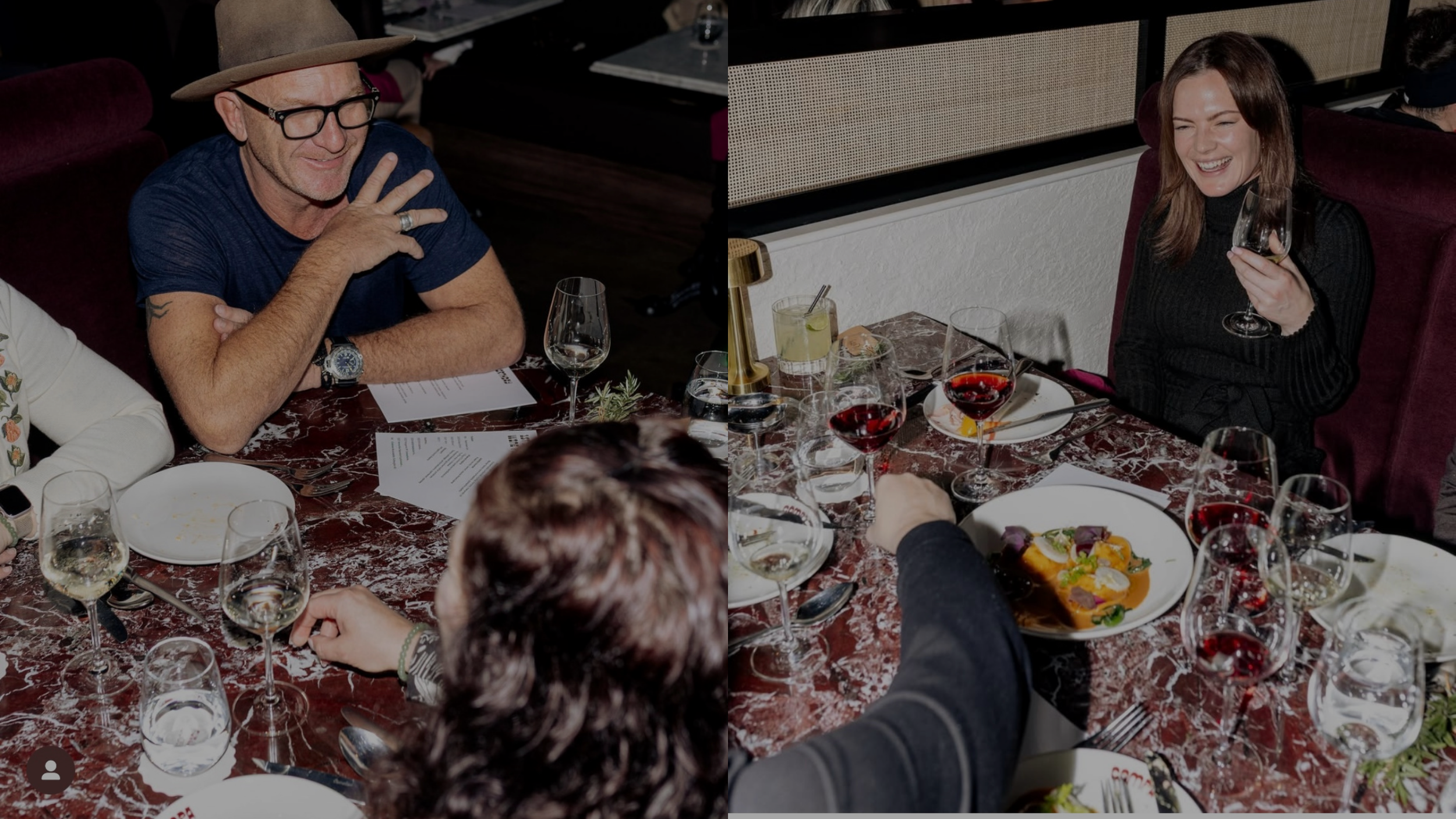 People sitting at a restaurant table, enjoying a meal and drinks, with two women smiling and a man making a gesture.