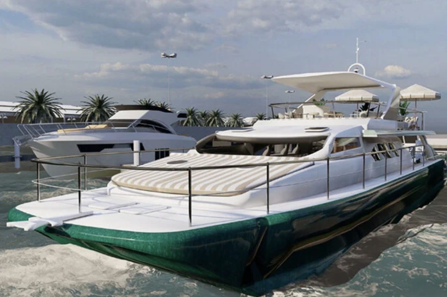 Luxury yacht sailing in water with palm trees and cloudy sky in the background.