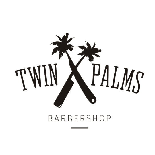 Logo for Twin Palms Barbershop featuring two crossed razors and two palm trees.