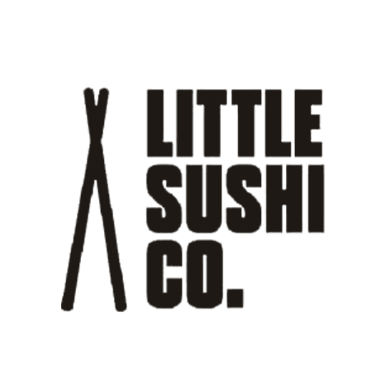 Logo for Little Sushi Co. featuring a pair of chopsticks to the left of the text.