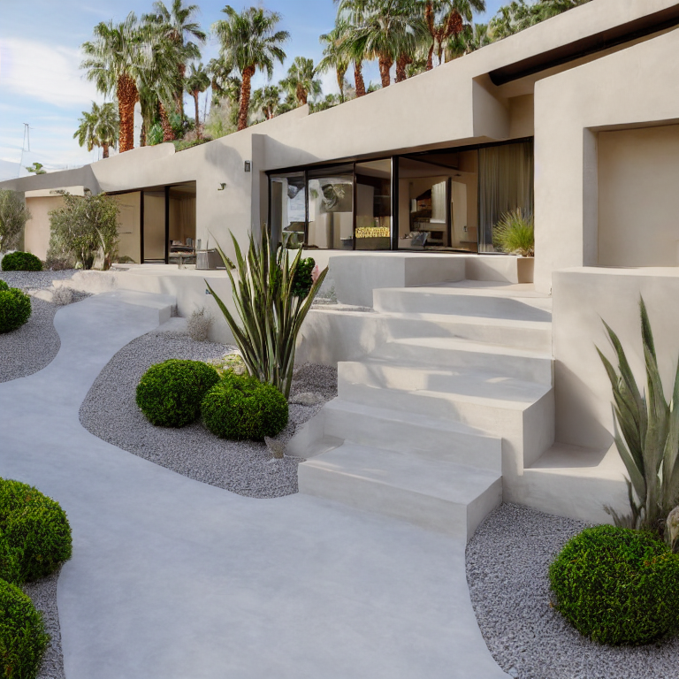 Modern house with large glass windows, white concrete stairs, and desert landscaping with green bushes and tall palms.