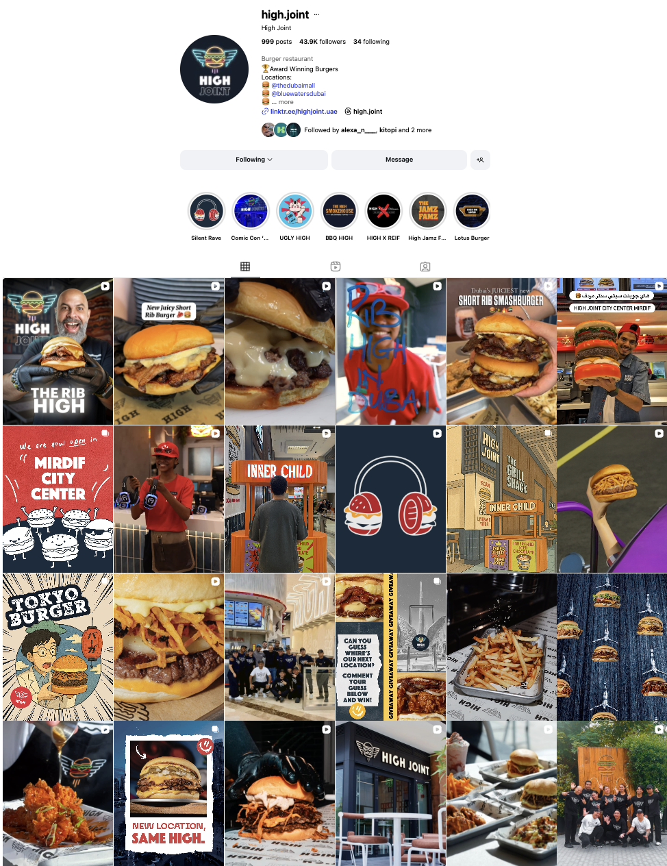 Instagram profile page of High Joint, a burger restaurant, with photos of burgers, people, and restaurant interior.