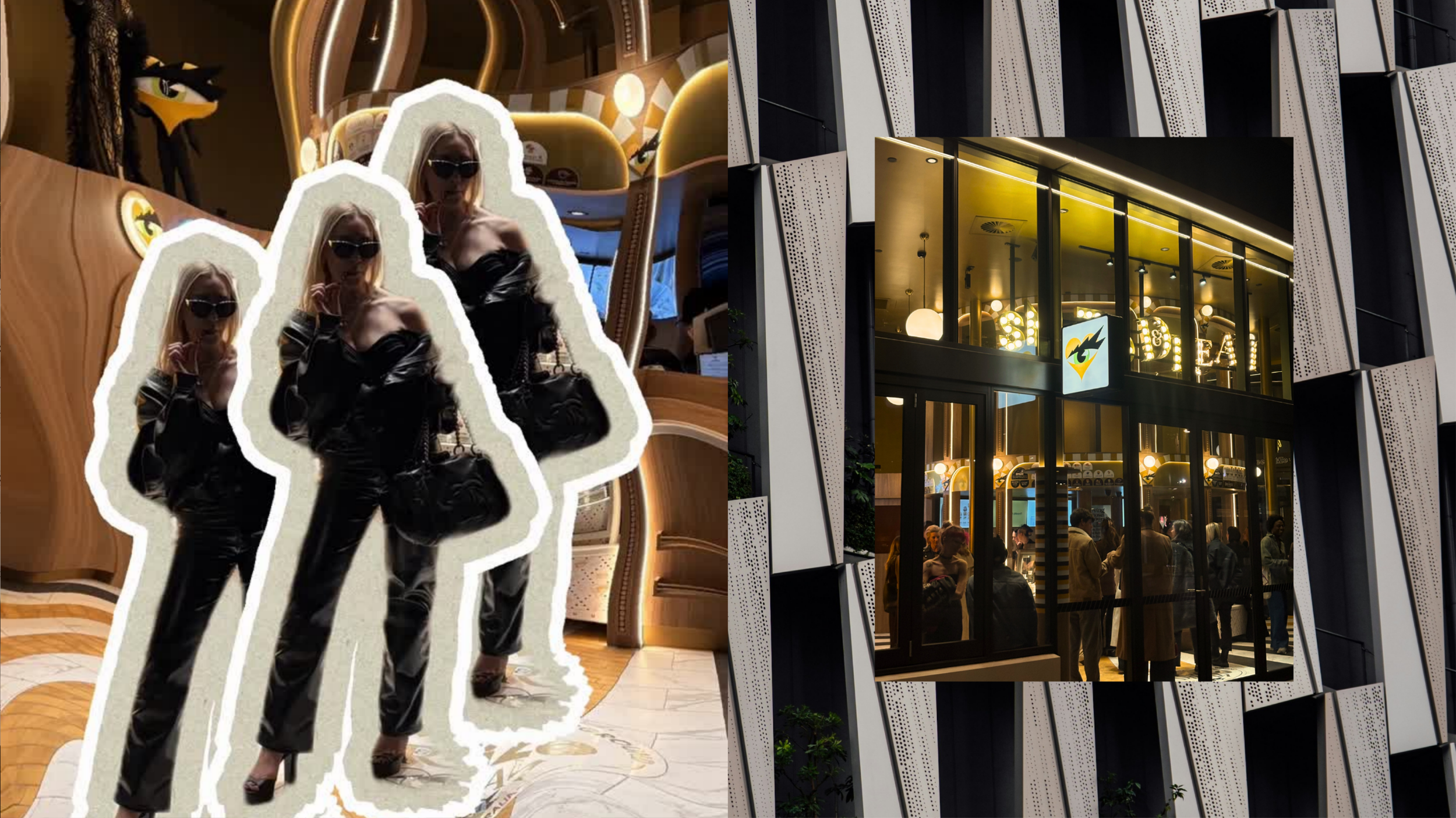 Collage of two images. The left shows a woman in black leather outfit and sunglasses inside a stylish, warmly lit indoor space with yellow dome-shaped decor. The right depicts the exterior of a modern building with large glass windows and a crowd of people inside.