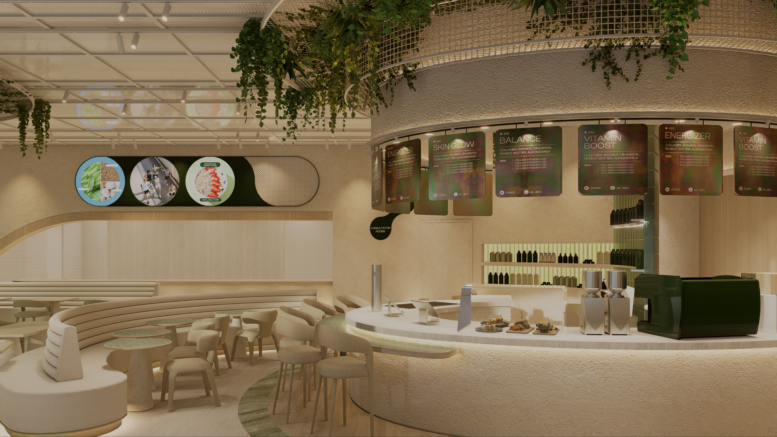 Interior of a modern cafe with digital menu boards, seating area, and a counter with drinks and pastries, decorated with hanging greenery.