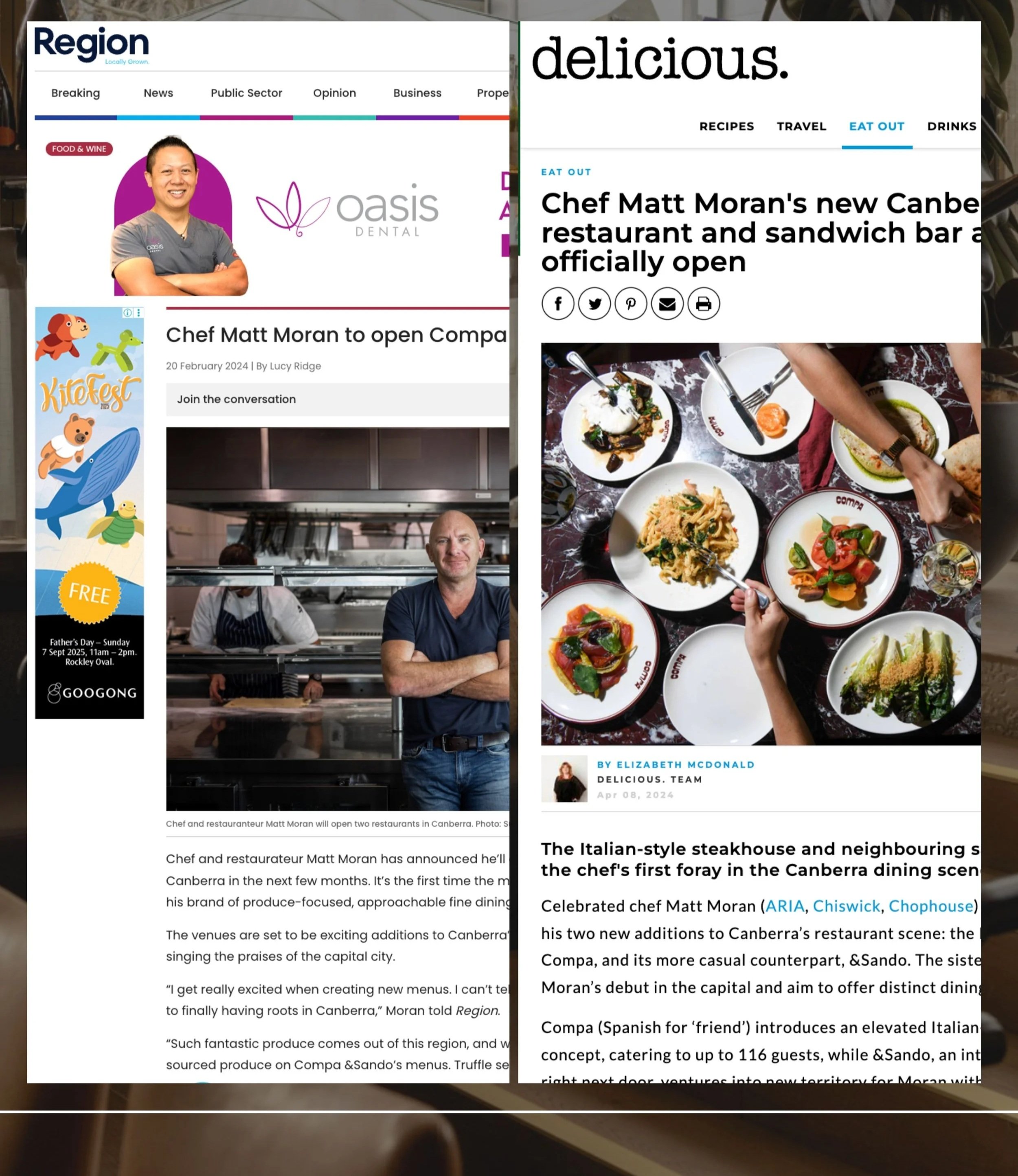 Side-by-side screenshots of articles about Chef Matt Moran opening new restaurants, featuring images of Morans and food dishes.