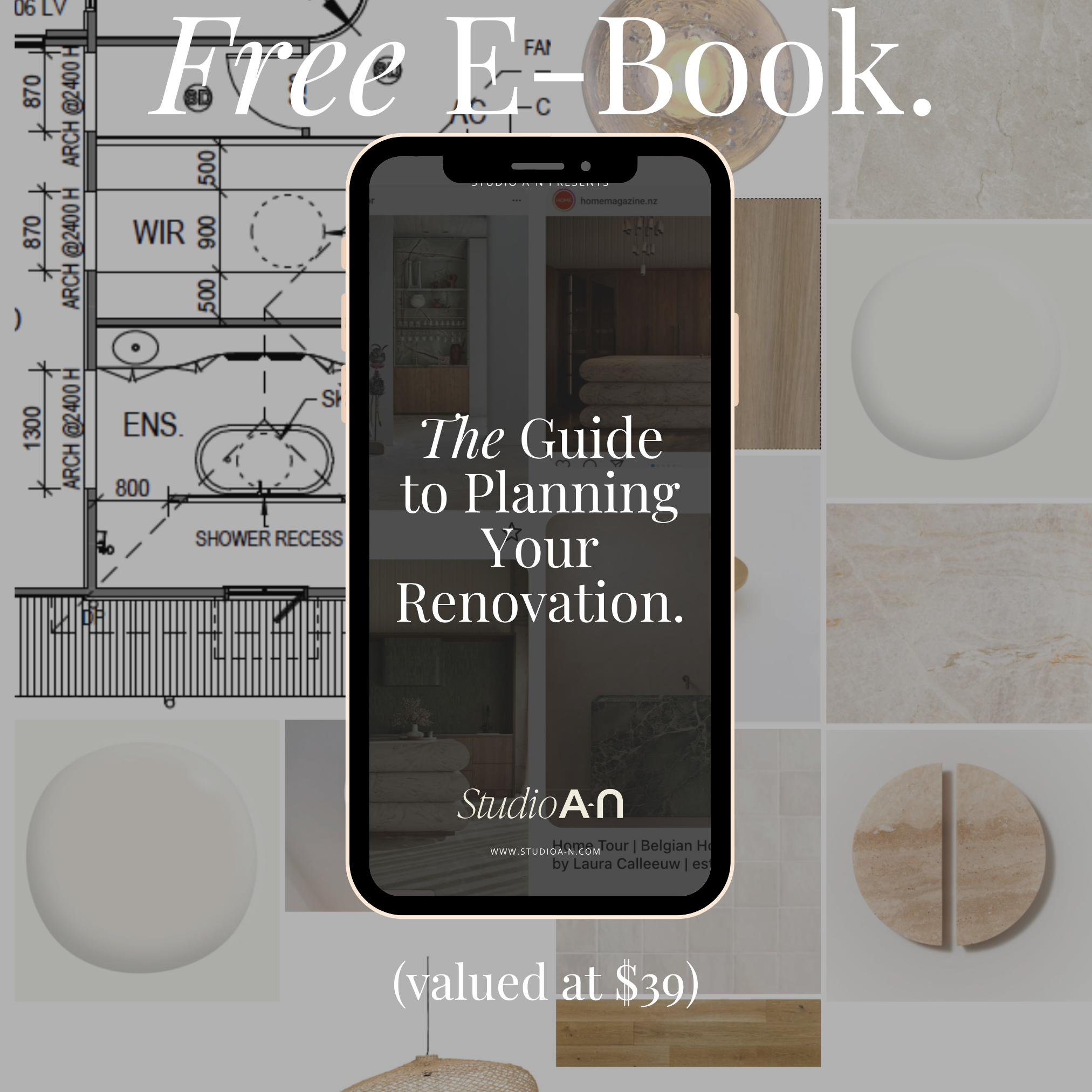 A promotional image advertising a free e-book titled 'The Guide to Planning Your Renovation.' The e-book is displayed on a smartphone screen, which is superimposed over a background featuring interior design elements, a floor plan, and color samples.