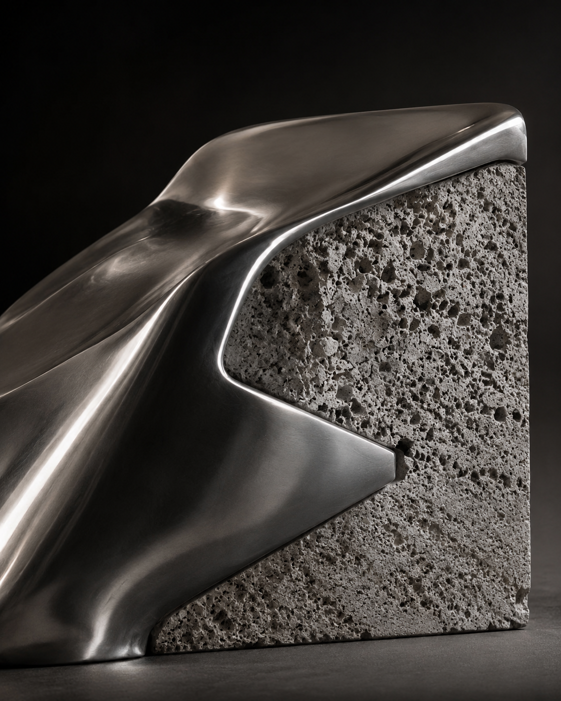 A modern sculpture combining polished metal and textured concrete, featuring a sleek, flowing design against a black background.