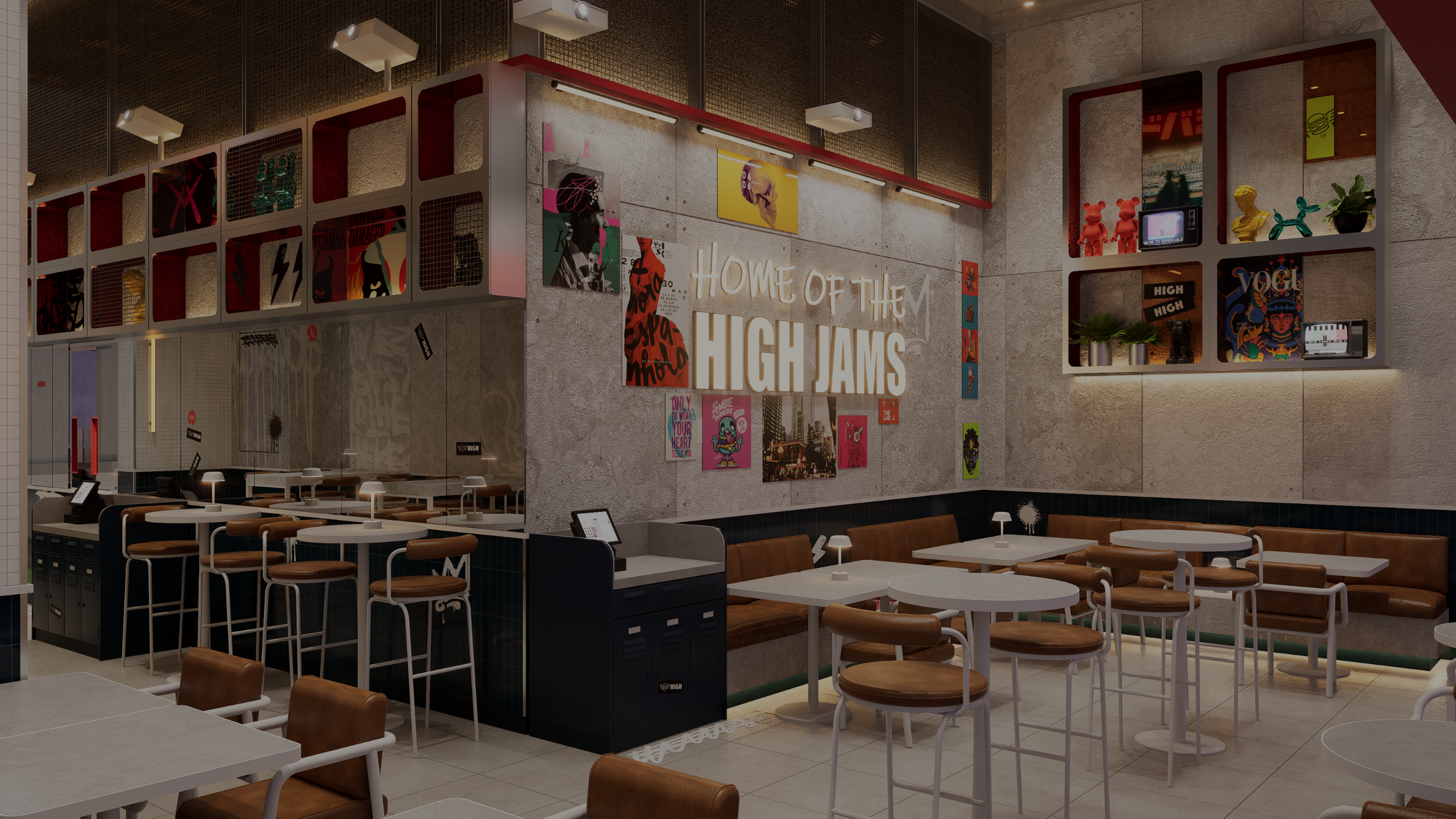 Interior of a modern cafe named 'Home of Them High Jams' with booths and tables, decorated with colorful posters, shelves with art and sculptures, and ambient lighting.