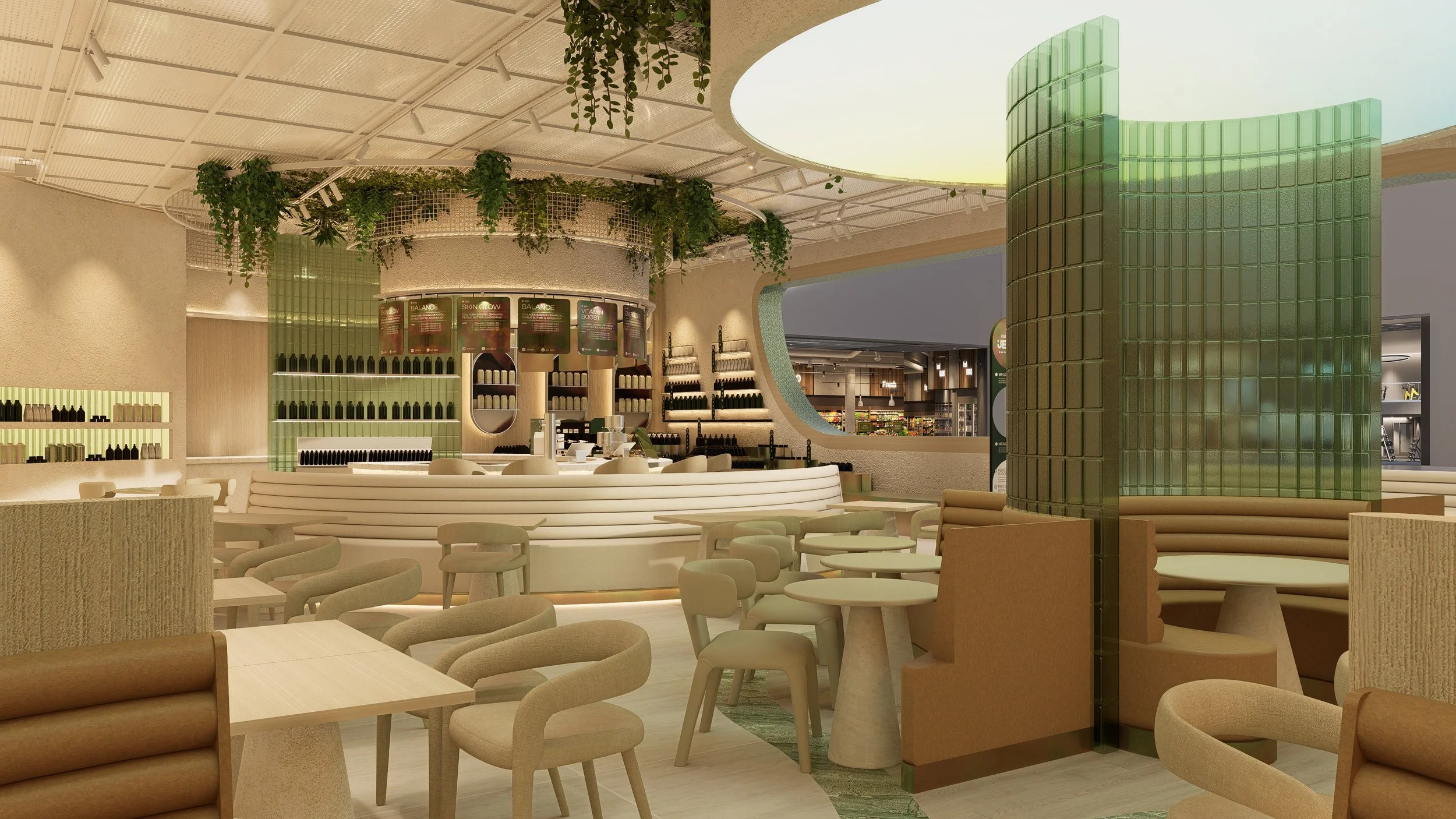 Modern cafe interior with beige and green decor, round tables and cushioned chairs, a curved white counter, green glass partition, and decorative plants on the ceiling.