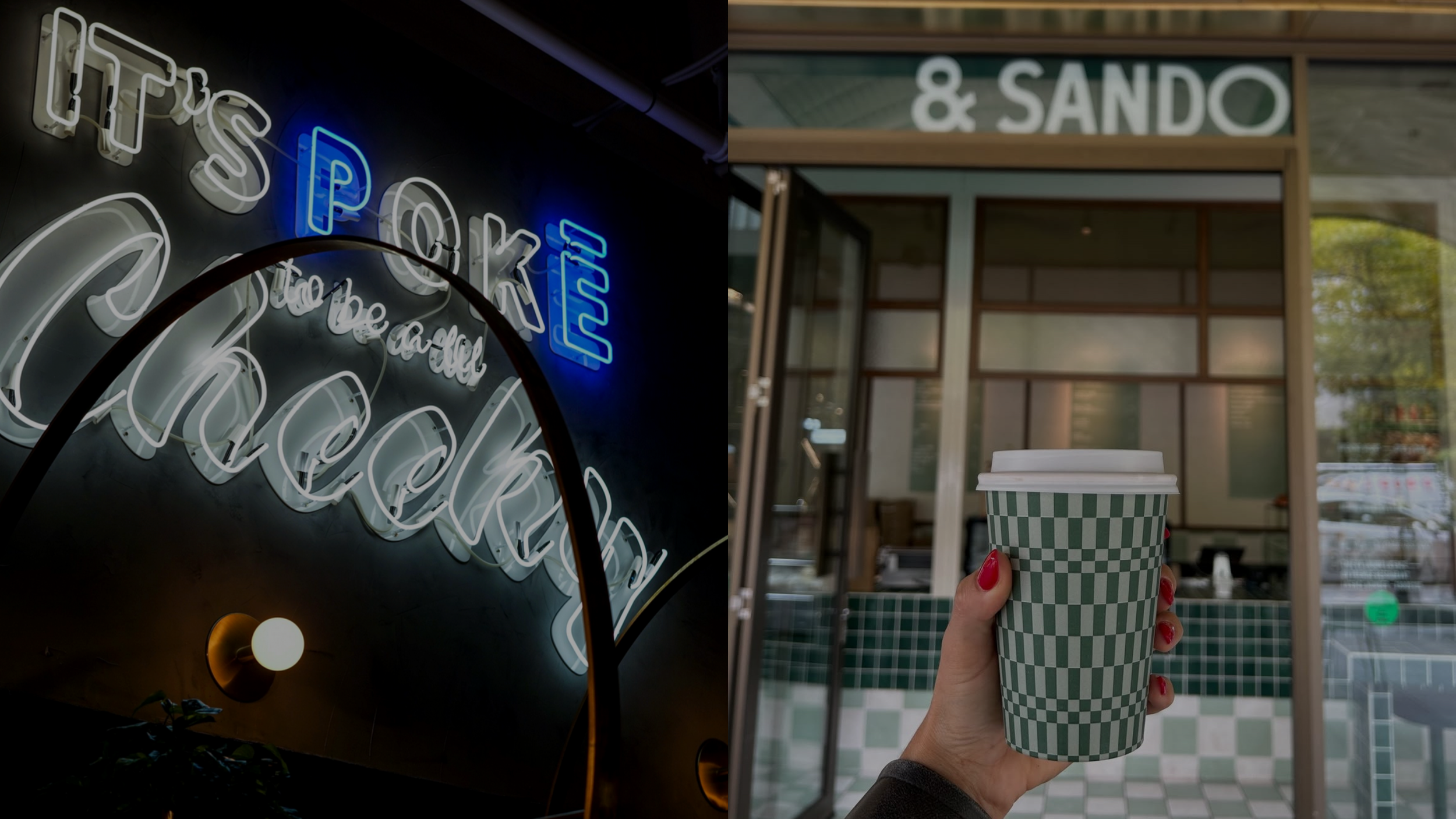 Left side shows a neon sign that says 'Let's' with the words 'to be a rebel' and 'Check' partially visible. Right side shows a hand holding a green and white checkered paper coffee cup in front of a cafe entrance with a mirror and a sign that says '&