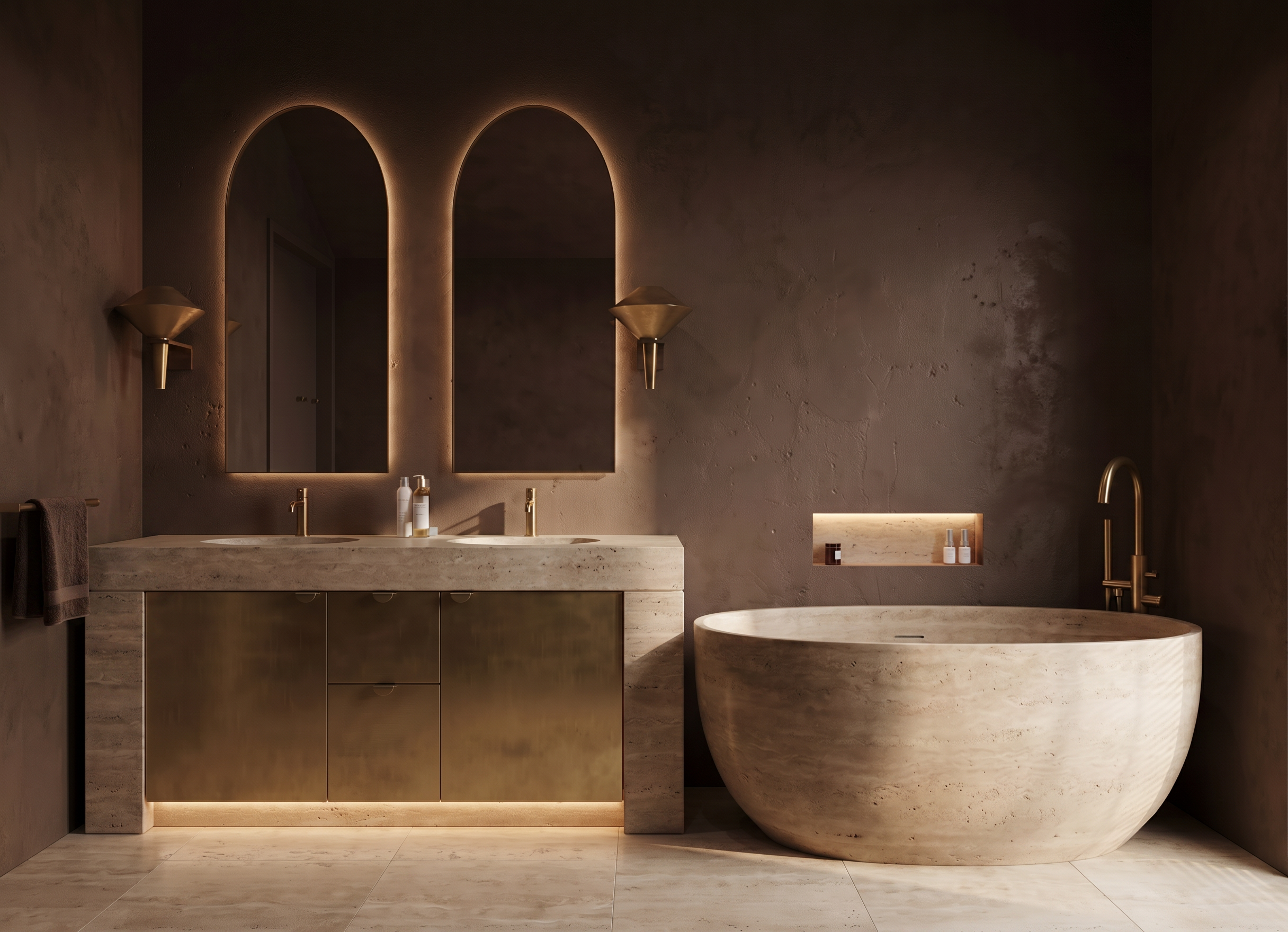 Modern bathroom with dark textured walls, illuminated mirrors, a beige marble vanity with two sinks, a round beige bathtub, and symmetrical wall-mounted light fixtures.