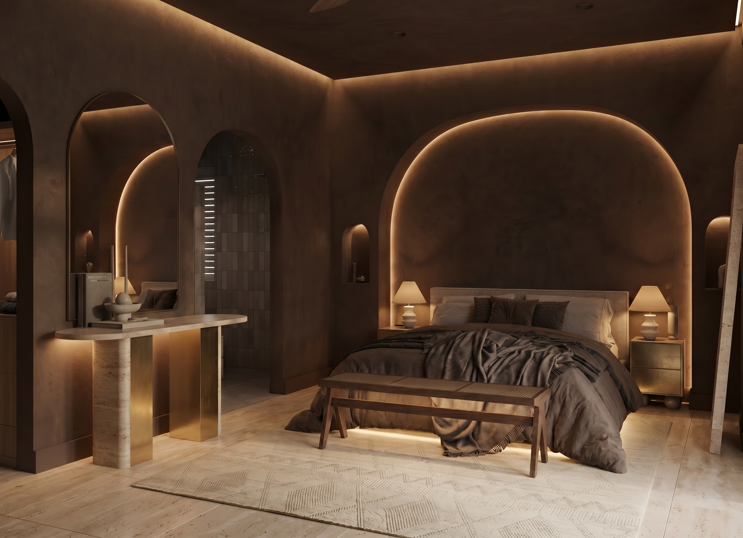 Modern bedroom with arched wall openings, warm ambient lighting, a bed with dark bedding, two bedside lamps, and a small bench at the foot of the bed.