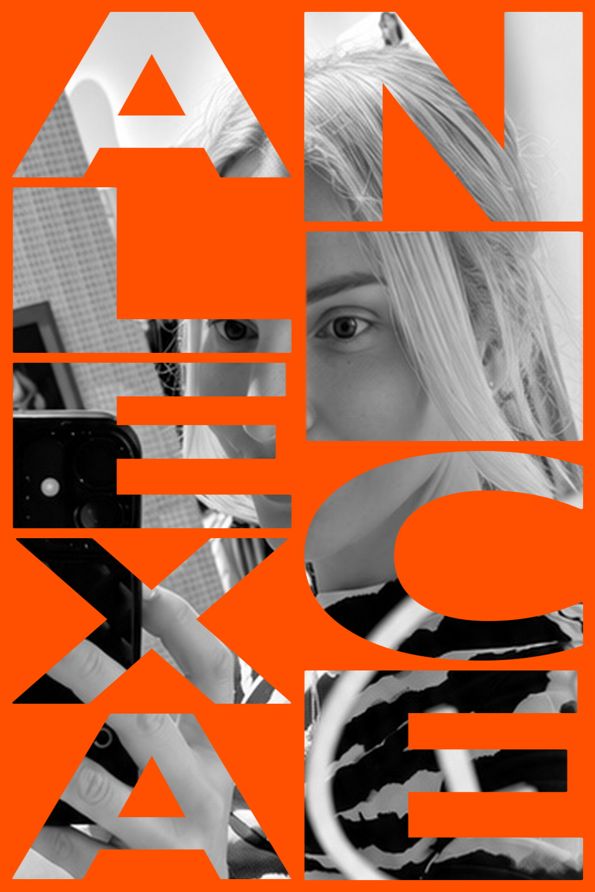 Alexa Nice portrait revealed through bold ALEXA NICE typography on Studio A—N orange.