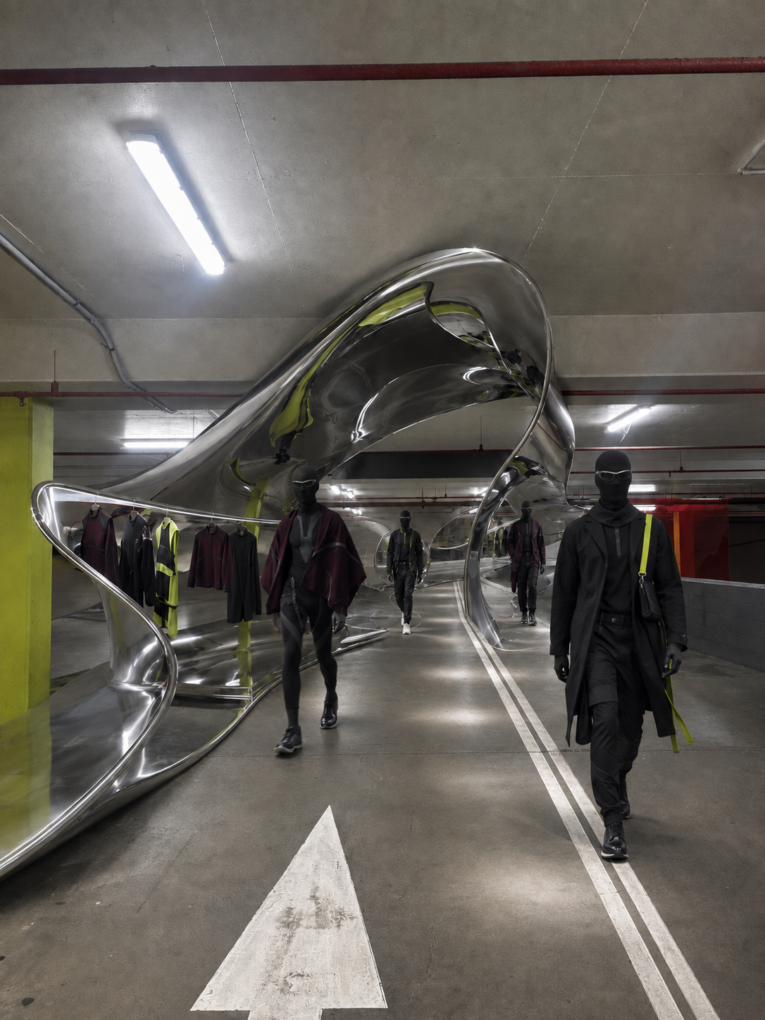 Mannequins dressed in trendy black and colorful clothing walking in an underground parking garage with unique metallic sculpture and clothing display