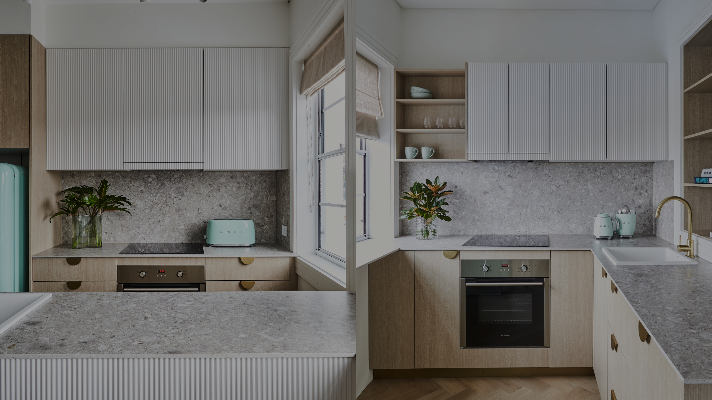 Side-by-side view of two modern kitchen interiors with wood and white cabinetry, gray countertops, plants, and small appliances, under natural light.