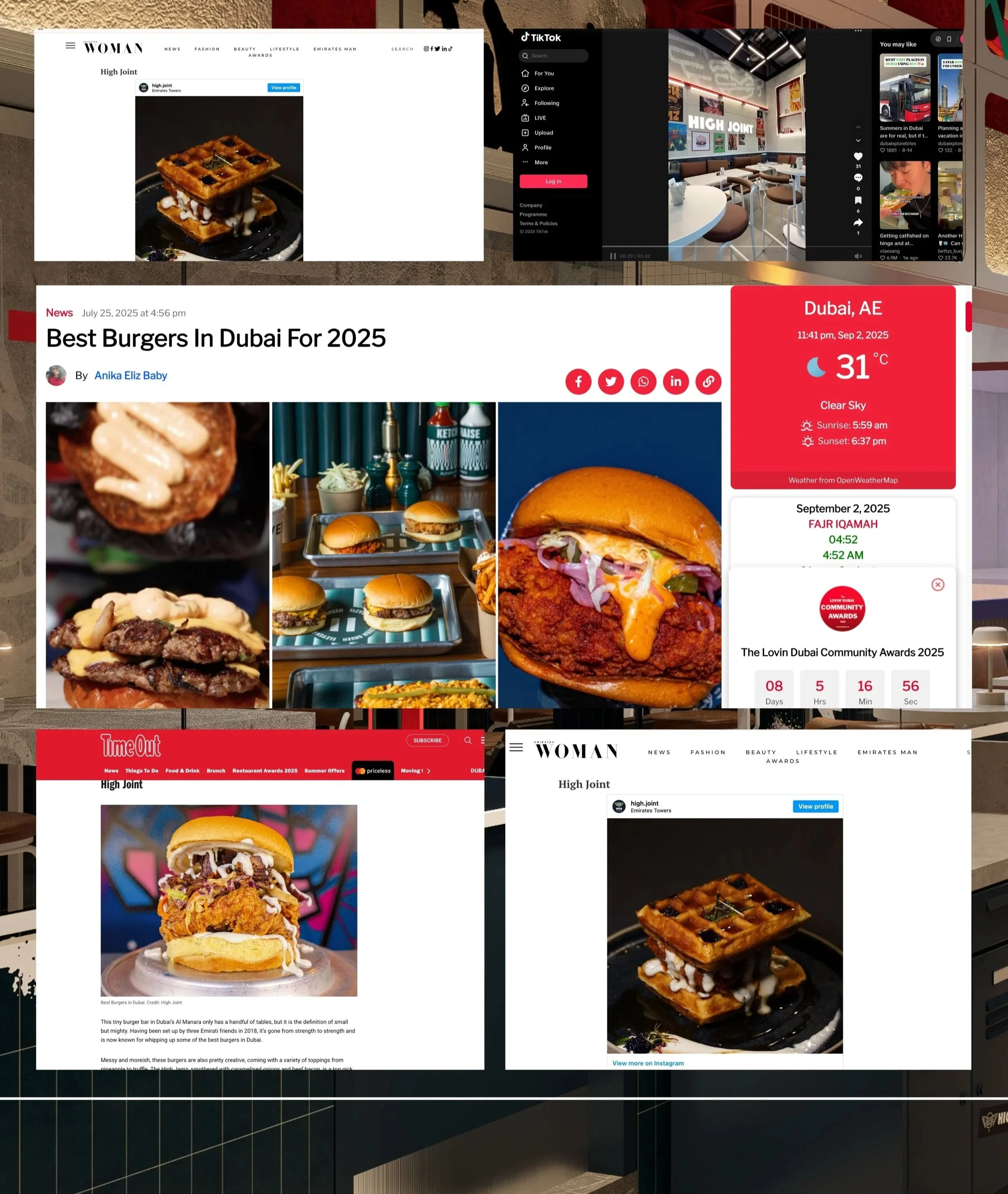 Compilation of screenshots featuring articles and social media posts about the best burgers in Dubai for 2025, including images of burger dishes, a cafe interior, and weather information in Dubai.