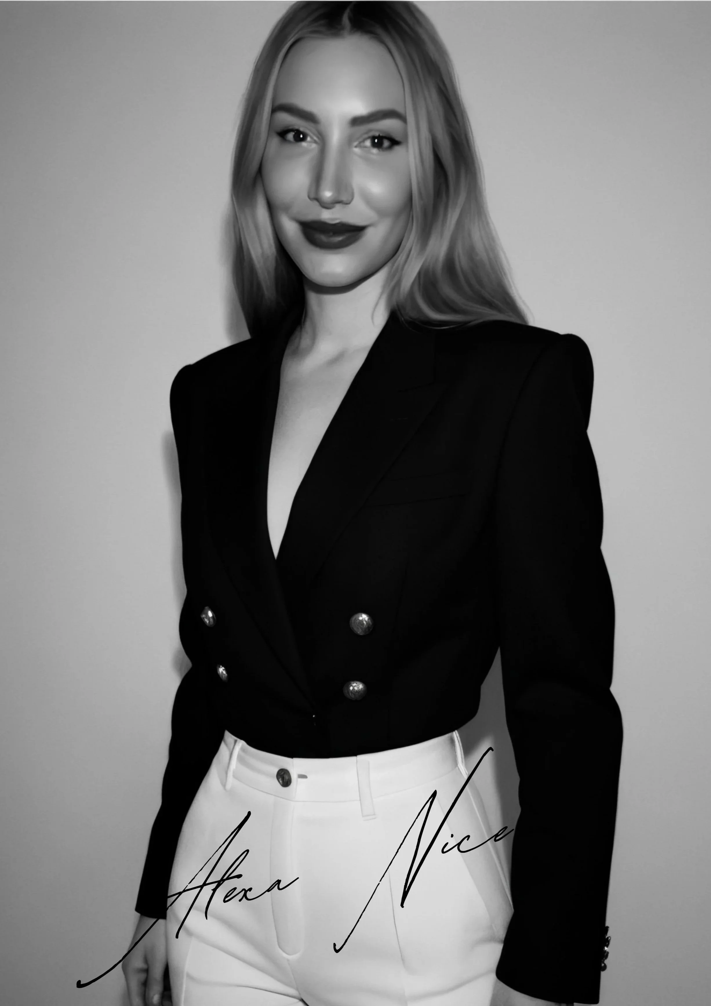 Black and white photo of a woman with long hair, wearing a dark blazer with metallic buttons and white pants, standing against a plain background. Signature text reads 'Alexa Nice'.