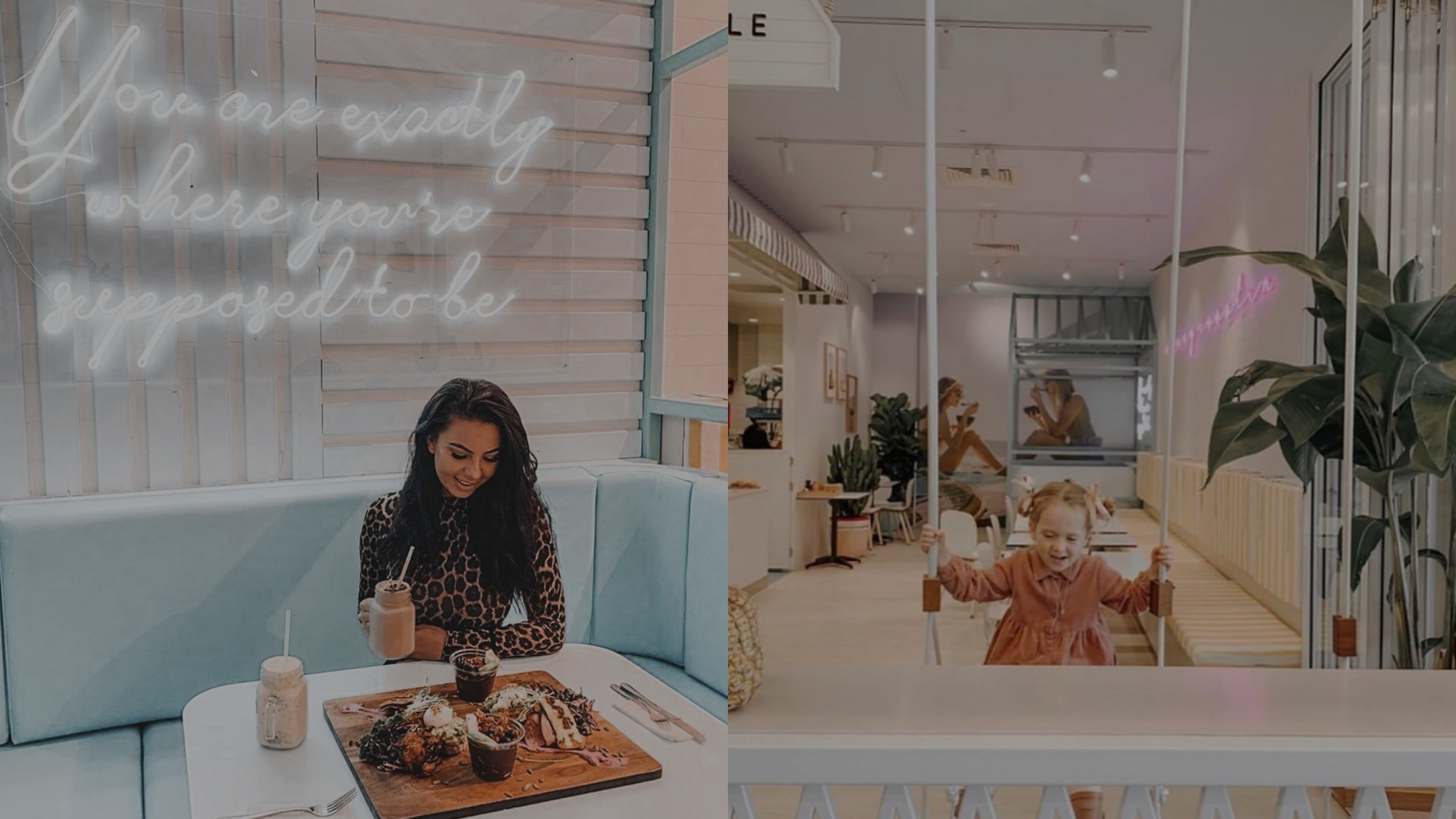 A woman in leopard print sitting in a light blue booth at a restaurant, smiling as she looks down at a wooden platter of food before her while holding a milkshake. The restaurant has a neon sign on the wall behind her that reads, 'You're exactly wher