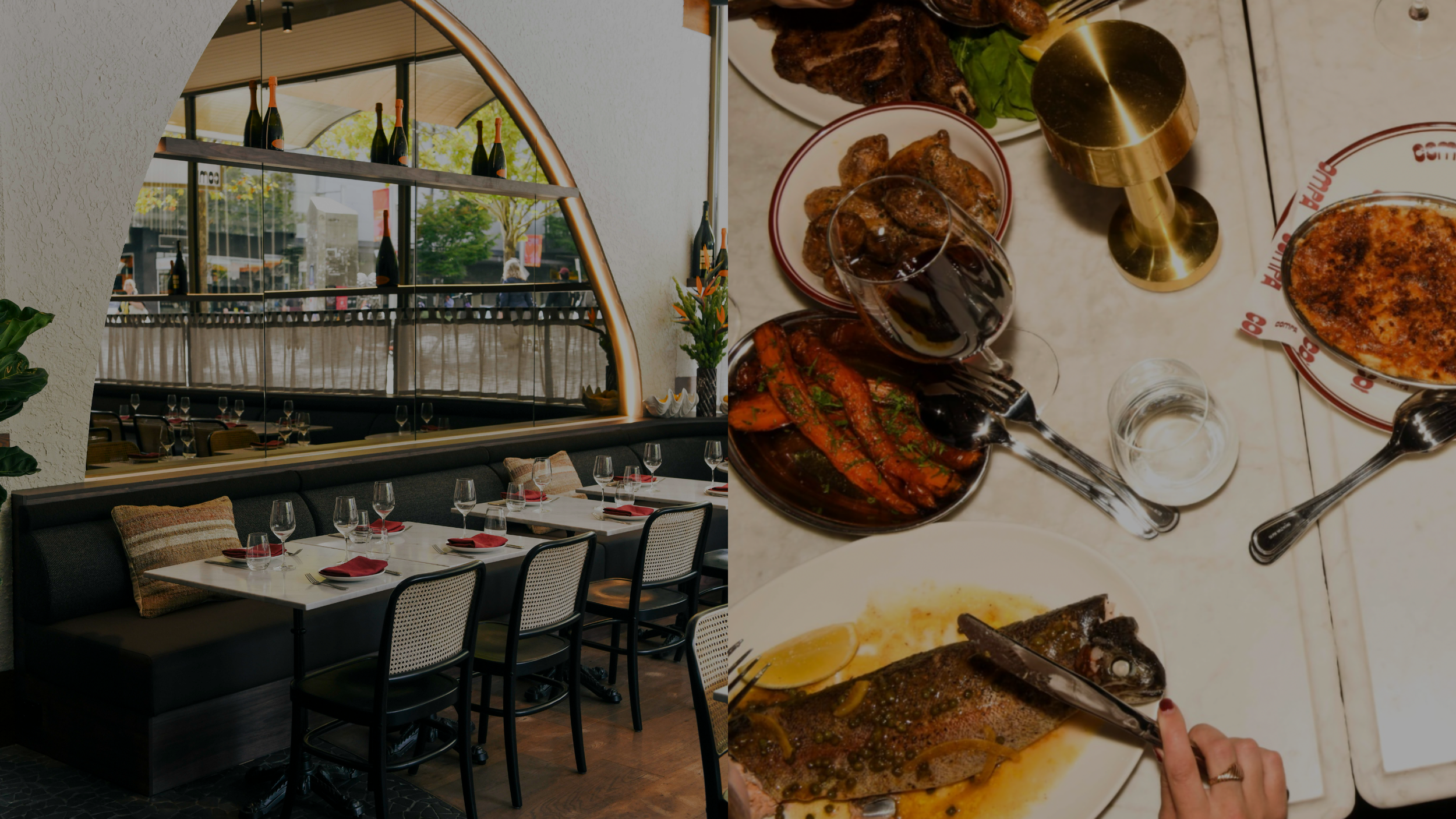 Left side shows an empty restaurant with decorated tables, chairs, and a mirror wall. Right side shows a table with various dishes, drinks, and utensils, partially prepared for a meal.