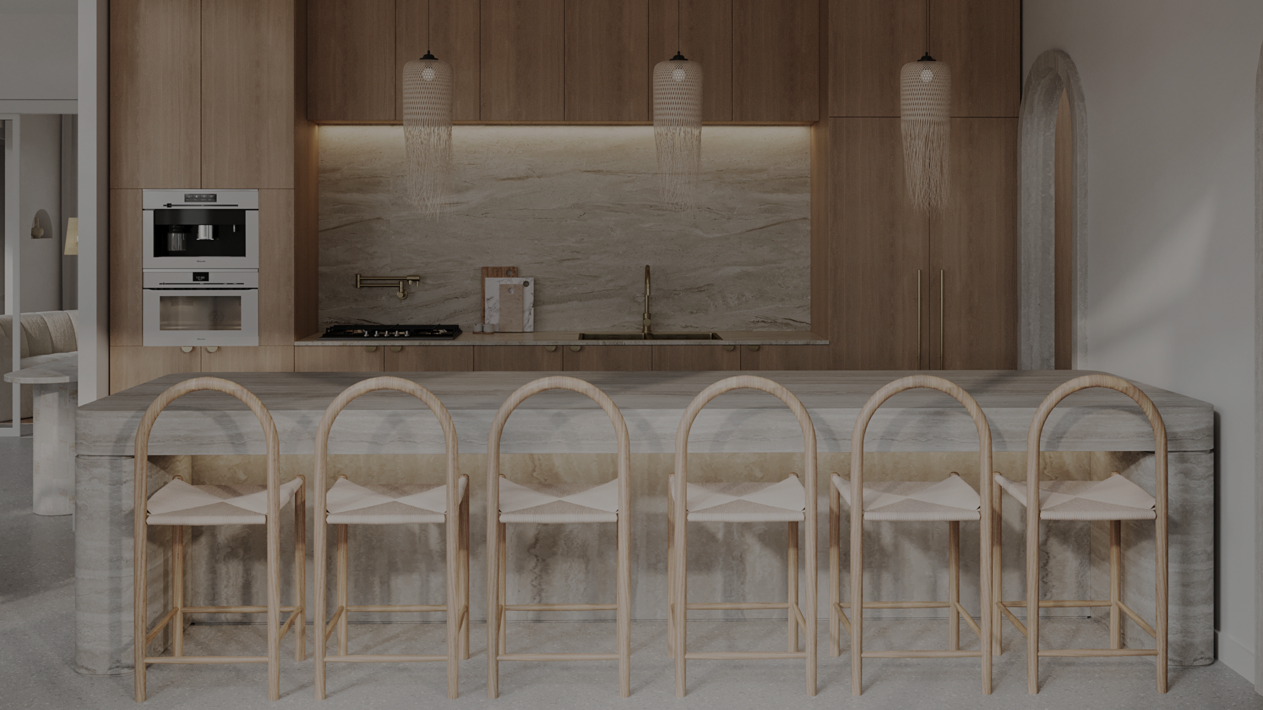 Modern kitchen with a marble island table and six wooden bar stools, wooden cabinetry, marble backsplash, and built-in appliances.
