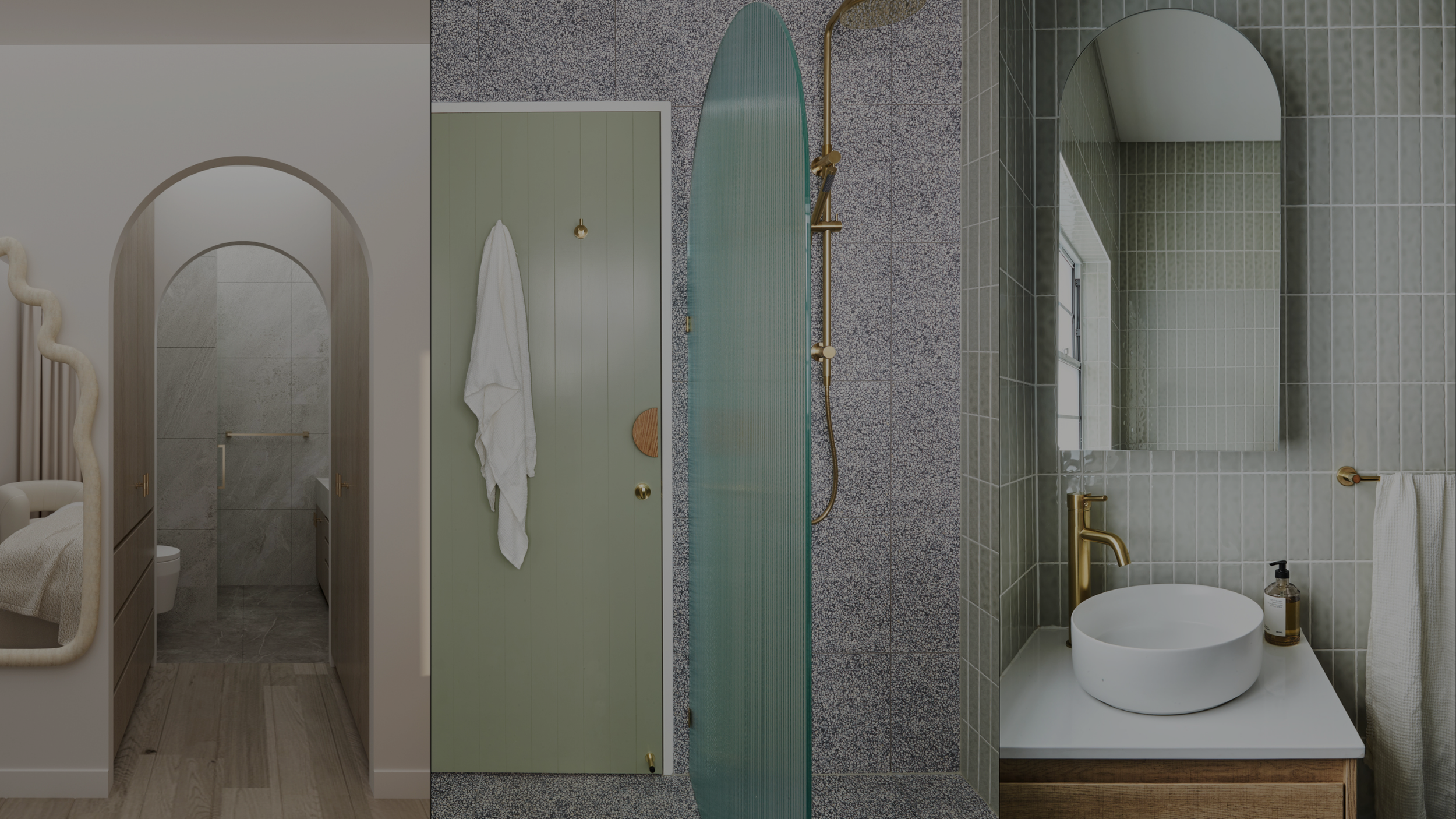 Collage of a bedroom with an arched mirror, a bathroom with green and grey tiles, and a vanity with a round white vessel sink and gold fixtures.