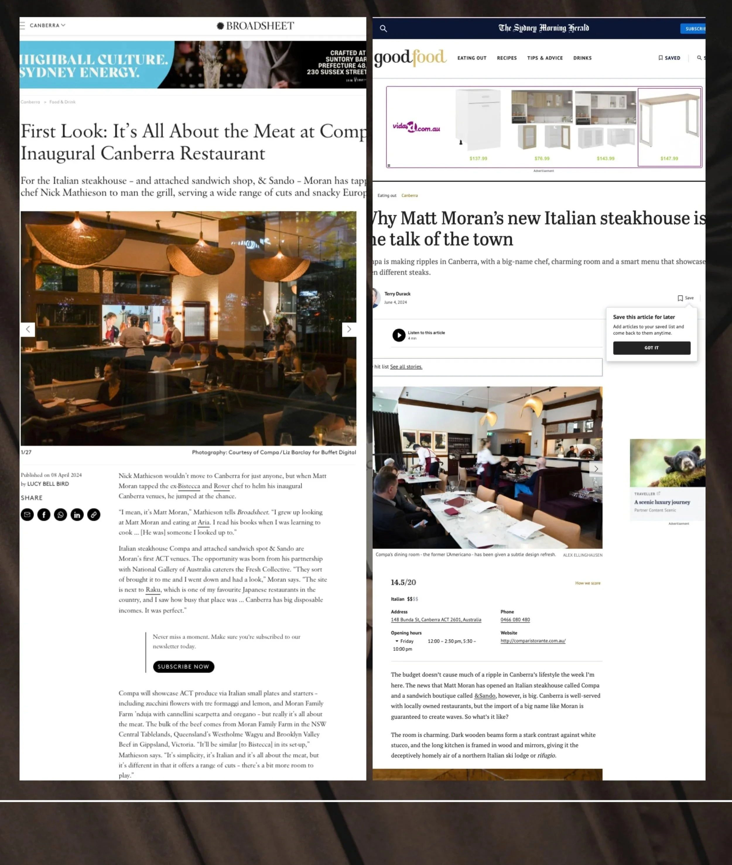 Screenshot showing two articles about Italian restaurants and steakhouses. The left article features an interior view of a restaurant with hanging light fixtures and diners. The right article shows a dining area with tables, chairs, and people dining.
