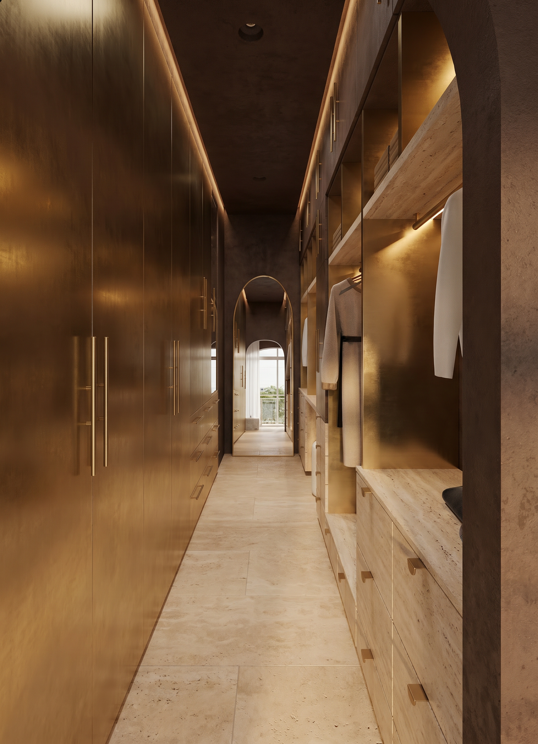 A walk-in closet with gold-colored cabinets on the left and open wooden shelves with hanging clothes on the right. The hallway leads to a window with a view outside.