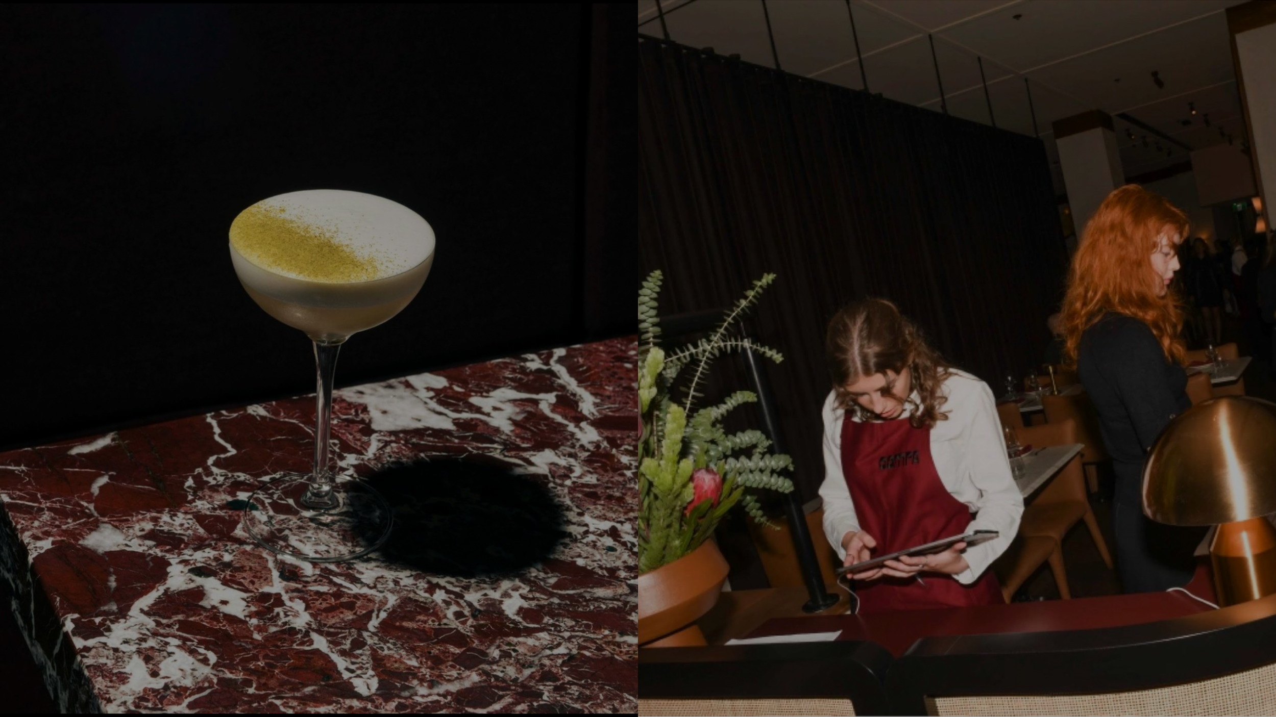 A cocktail glass with a light-colored drink and yellow powder on top, placed on a red and white marbled surface, and a restaurant scene with women in black and white attire, one with red curly hair, in a dimly lit setting.