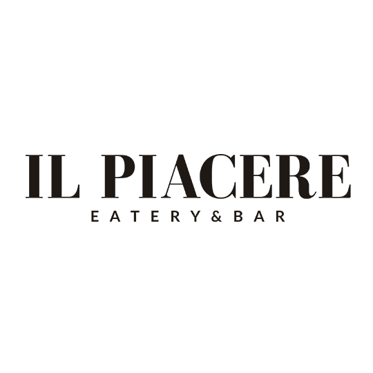 Logo for Il Piacere Eatery & Bar with a black background and gold text.