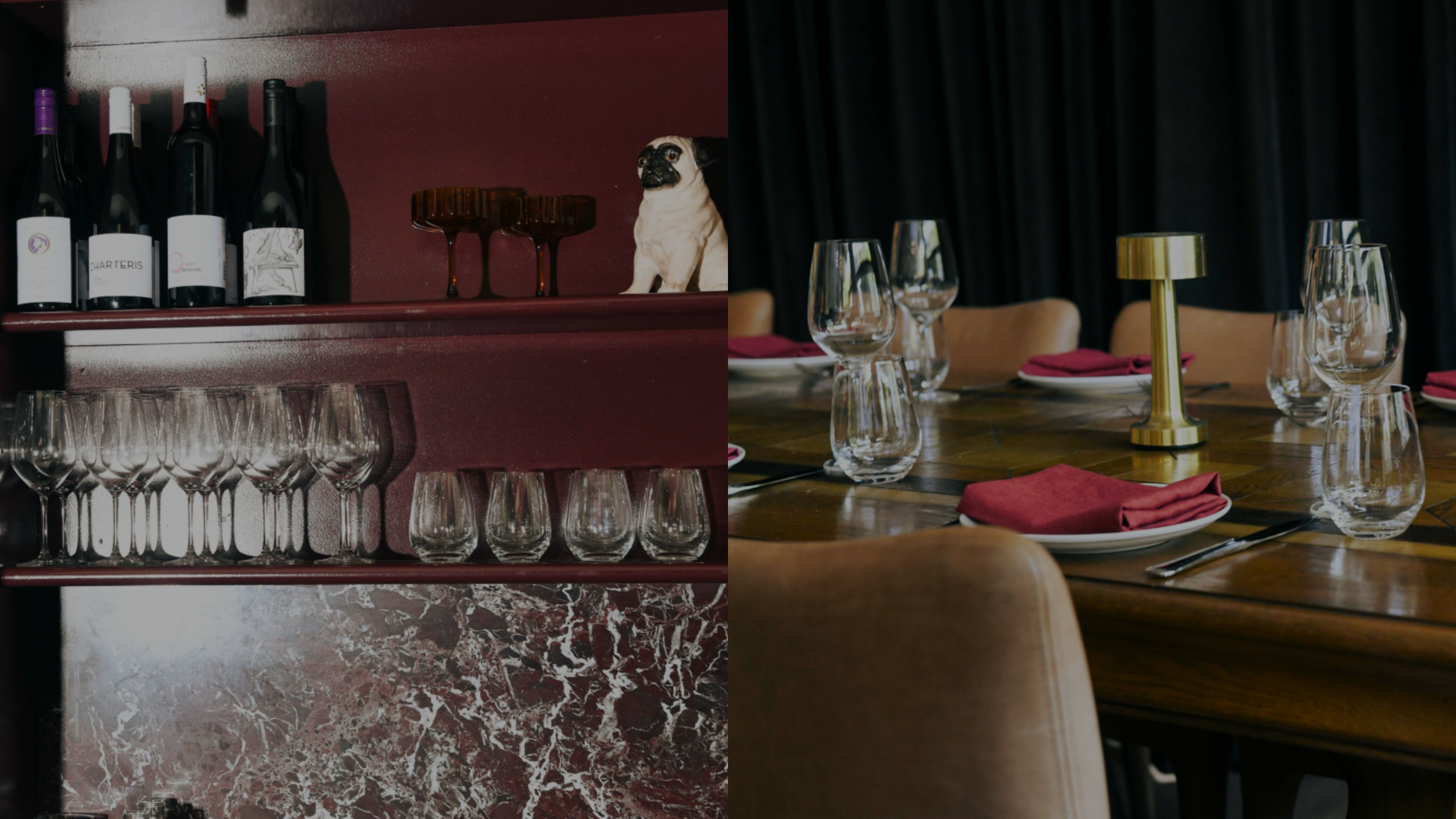 Split image of two scenes: on the left, a bar shelf with wine bottles, glassware, and a pug figurine on a dark red wall; on the right, a dining table set with glasses, red napkins, and a gold lamp on a dark background.