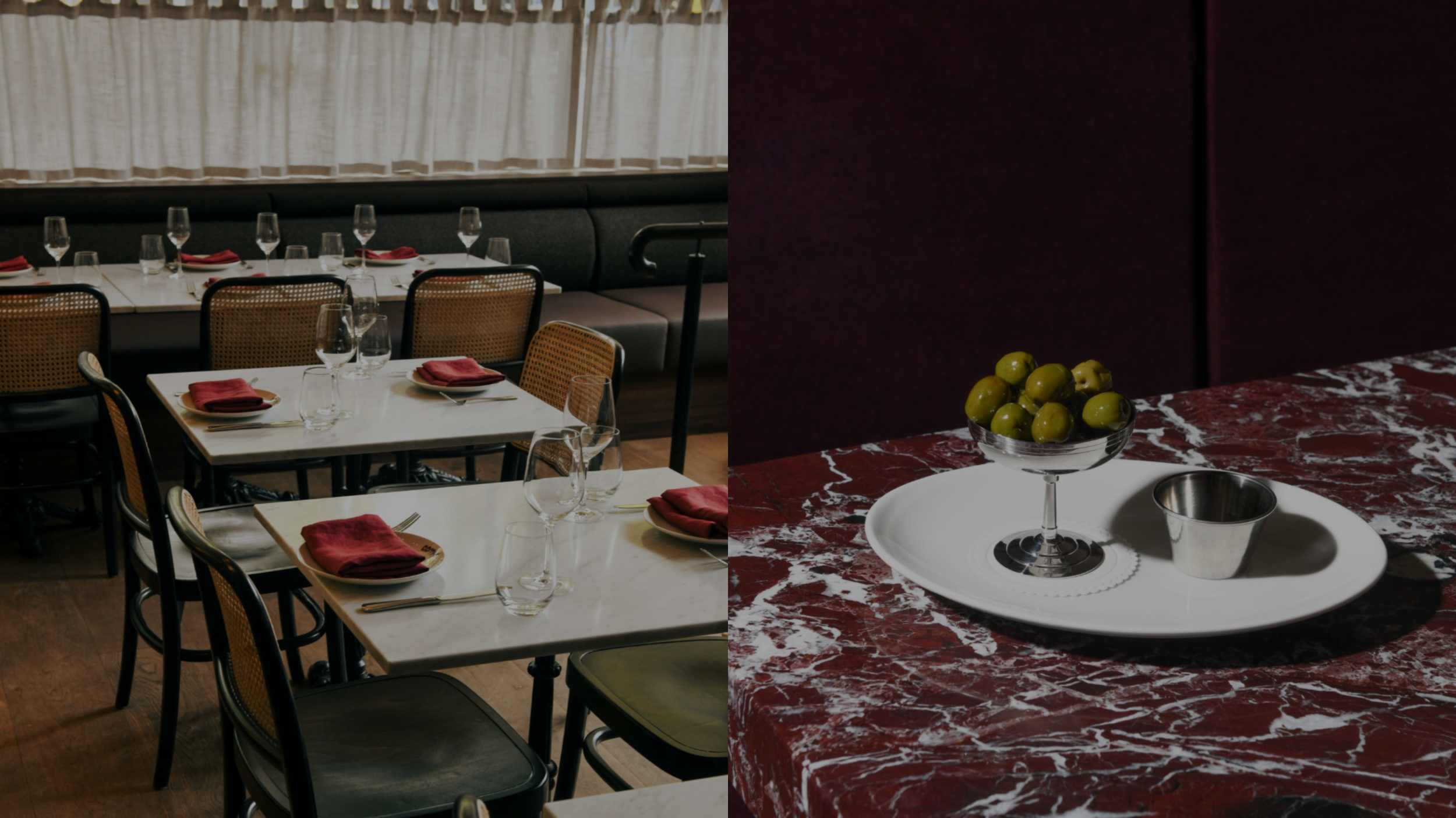 Side-by-side view of a restaurant interior with tables and glassware, and a close-up of a marble-topped table with a bowl of green olives and a small metal cup.