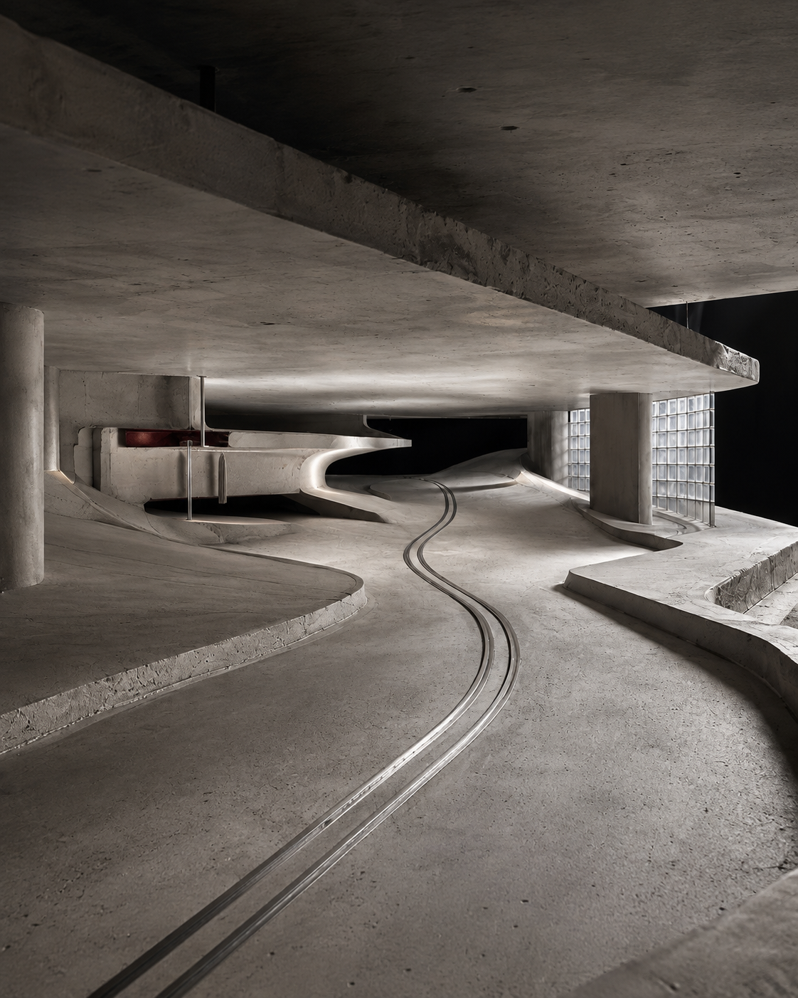 Interior of a modern, minimalist concrete structure with a curving metal track embedded in the floor, curved stairs, and a glass block wall allowing light to filter through.