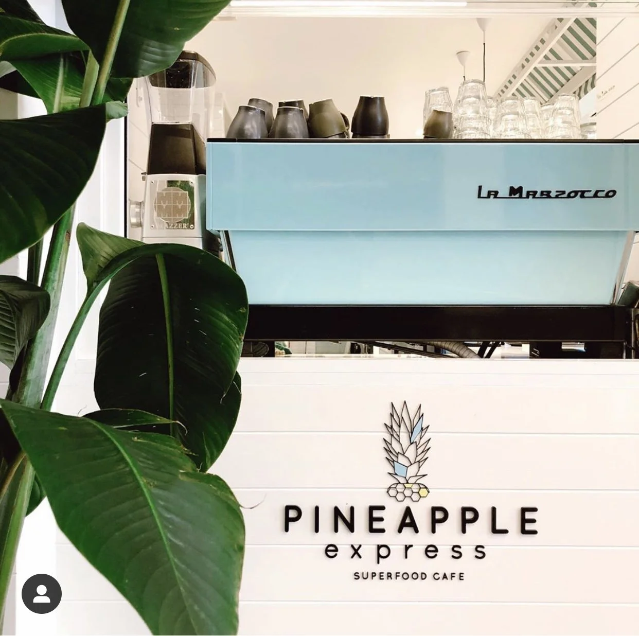 Interior of Pineapple Express Superfood Cafe with a white wall featuring the cafe logo, a stylized pineapple made of geometric shapes, and green tropical leaves in the foreground.