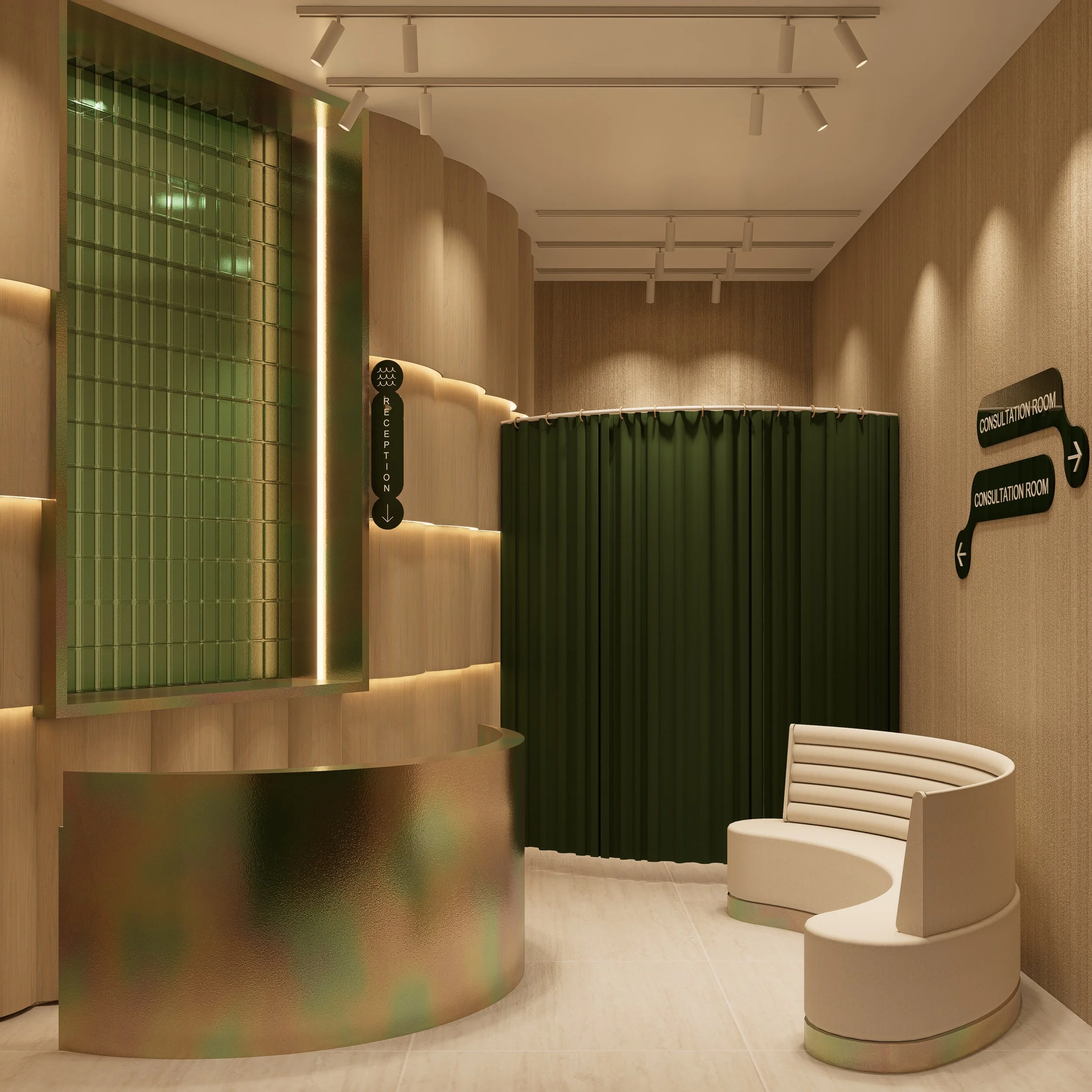 Interior of a medical reception area with a curved metallic reception desk, green privacy curtain, seating with curved white benches, and wall signs indicating reception and consultation rooms.