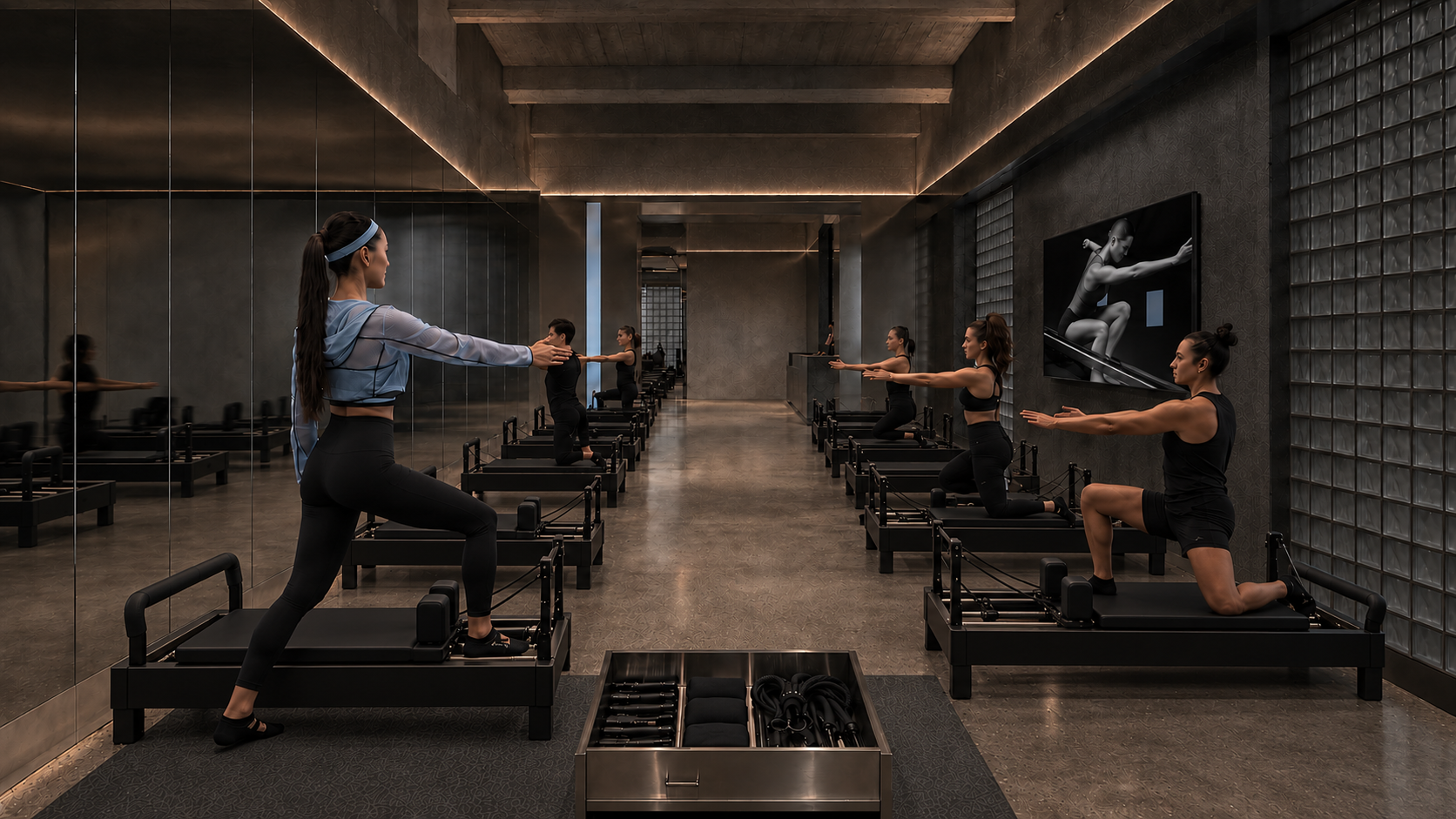 Two rows of black Pilates reformers in a dark studio with mirrored walls, smoky glass blocks and warm linear lighting. A—N concept visualisation.