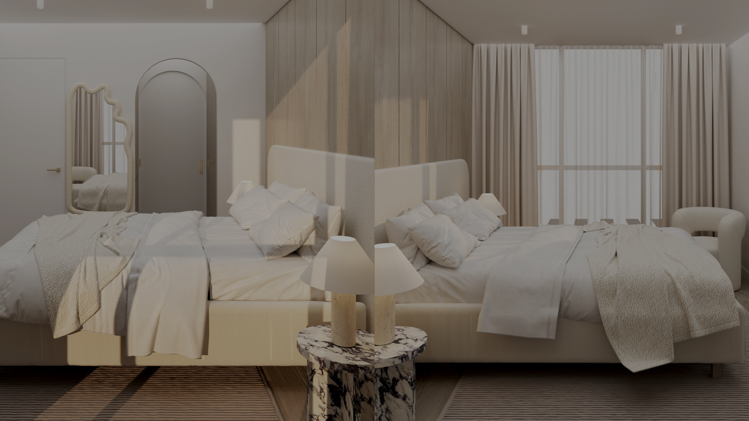 Split view of a modern bedroom interior with minimalistic decor, showing two beds with white linens and pillows, a marble side table with lamps, and a large window with beige curtains.