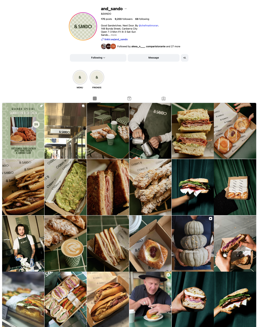 Instagram profile page for & SANDO featuring photos of sandwiches, baked goods, coffee, a person working with a coffee pot, and a man eating a sandwich at the counter.