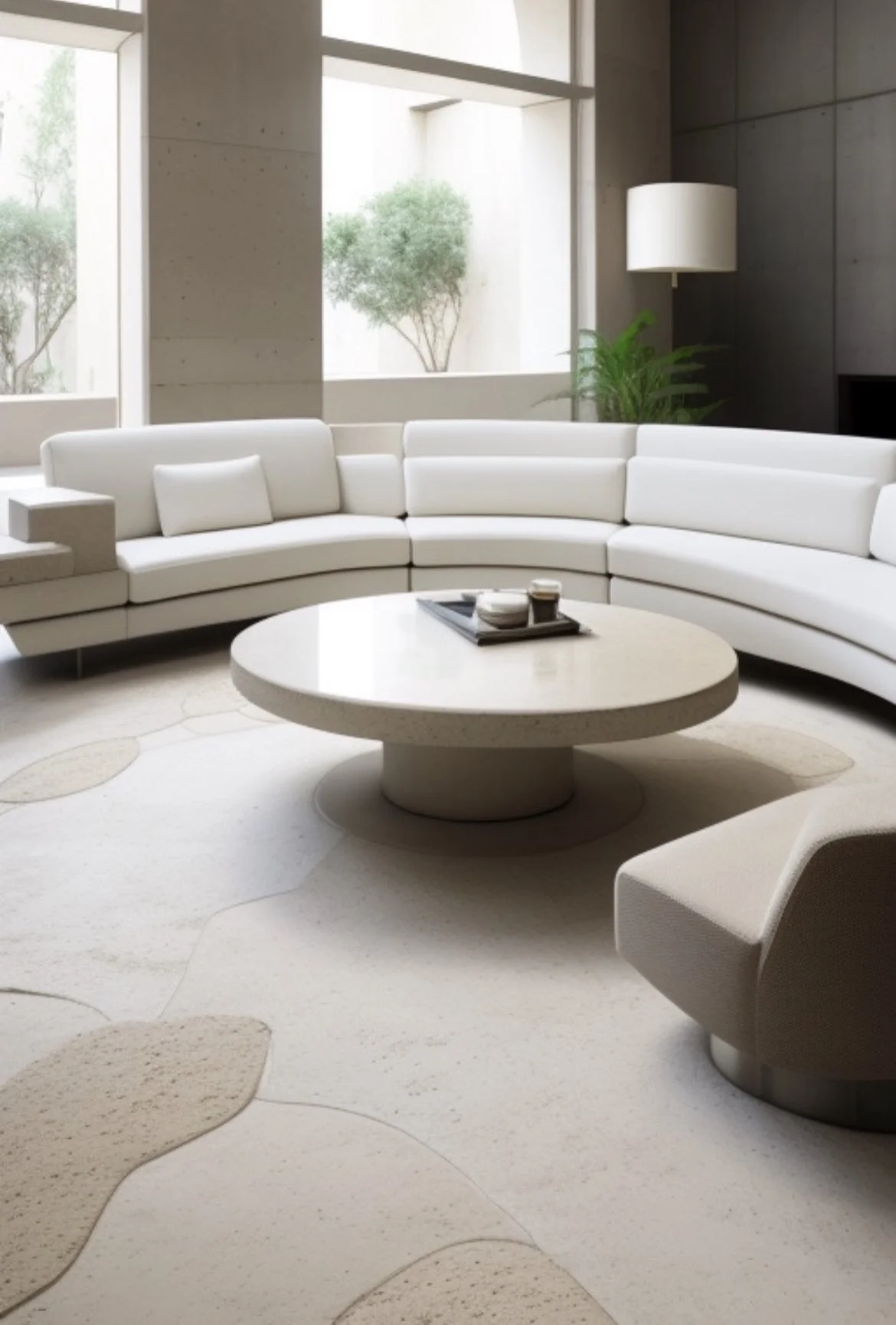 Modern living room with curved white sofa, round coffee table, beige patterned rug, and large windows with greenery outside.