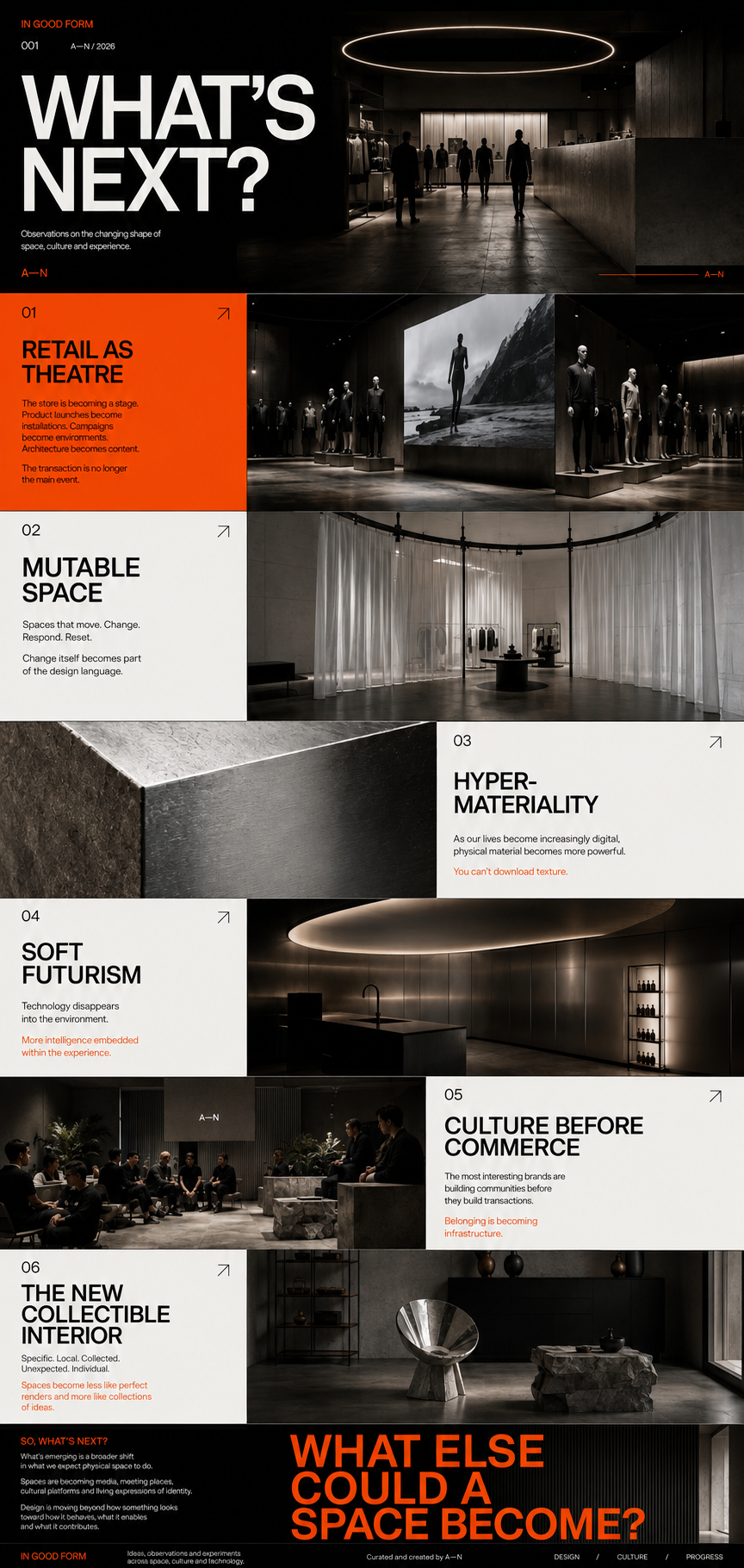 A modern infographic titled 'WHAT'S NEXT?' exploring future trends in space, culture, and experience. It features sections with bold headings and images, including retail as theatre, mutable space, hyper-materiality, soft futurism, culture before commerce, and the new collectible interior. The design uses a dark background with white and orange text.